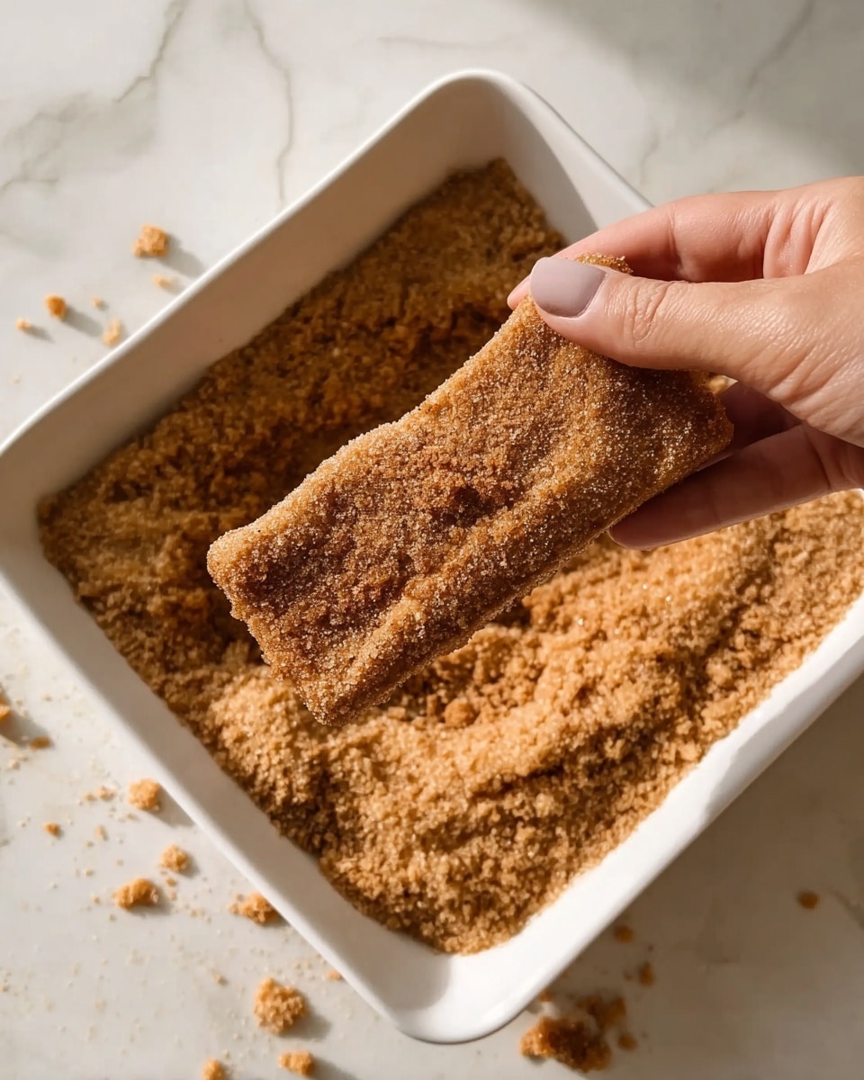 A woman's hand holds a rectangular piece of food, coated in a crumbly brown sugar and cinnamon mixture, over a white square dish filled with the same crumbly mixture. The piece is covered evenly, with some crumbs sticking more thickly in places. The dish is placed on a white marbled surface that is softly lit, showing small clumps of the crumbly mixture scattered within the dish. Photo taken with an iphone --ar 4:5 --v 7