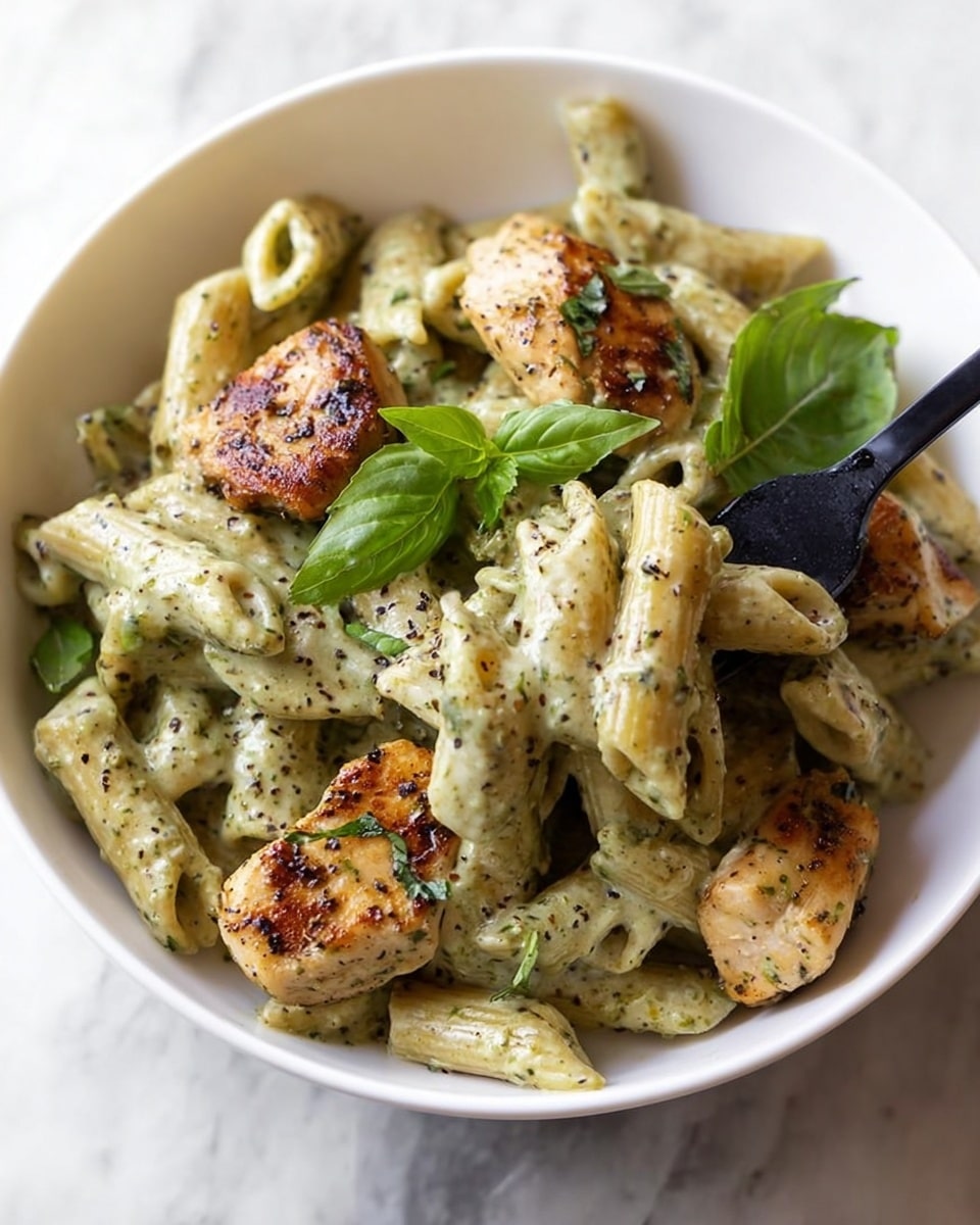 A white bowl filled with creamy green pasta, covered in a thick sauce with small black pepper specks all over. The pasta is penne, with a rough texture showing the sauce well. There are four pieces of grilled light brown chicken scattered on top, each piece showing grill marks. Green basil leaves are placed on the pasta, adding fresh color. A black fork is resting inside the bowl, slightly lifting some pasta. The bowl sits on a white marbled surface. photo taken with an iphone --ar 4:5 --v 7