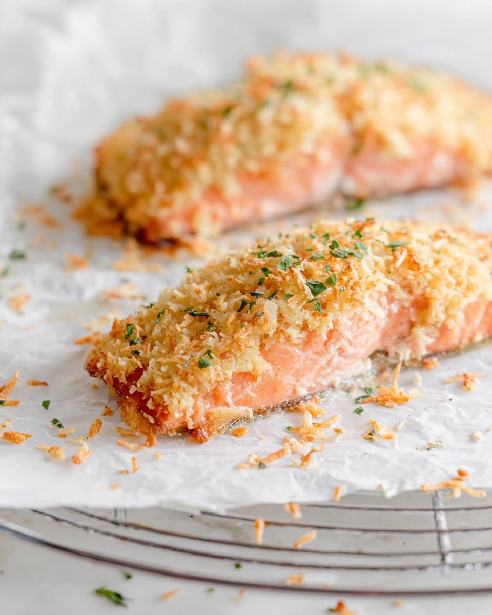 Two pieces of baked salmon lie on white parchment paper over a round wire rack on a white marbled surface. Each piece has three layers: the bottom layer is soft pink salmon flesh, the middle layer is a crispy golden breadcrumb crust mixed with shredded coconut, and the top layer is sprinkled with small green herbs. Some breadcrumb crumbs and salmon flakes are scattered around the fish. The photo taken with an iphone --ar 4:5 --v 7
