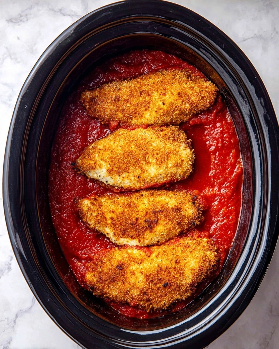 The image shows an oval black slow cooker filled with three large breaded chicken pieces placed on top of a thick layer of bright red tomato sauce that covers the bottom of the cooker. The chicken has a golden brown, crispy texture with some darker spots, and they are arranged in a slightly diagonal pattern, overlapping the sauce underneath. The background surface is a white marbled texture. photo taken with an iphone --ar 4:5 --v 7