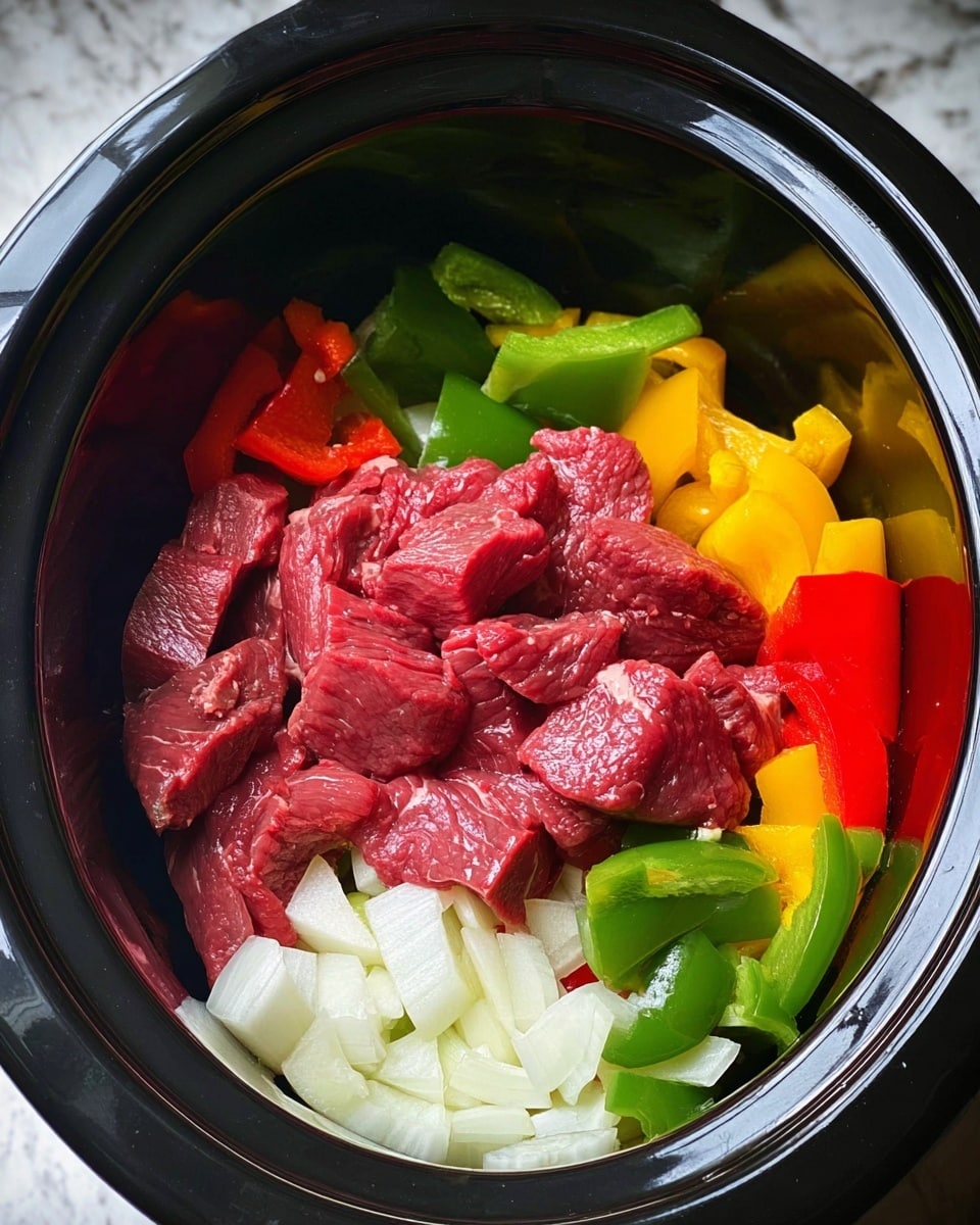 Inside a black slow cooker, there are three main layers of ingredients. The bottom layer is made of large pieces of chopped white onion. On top of the onions, there is a thick layer of raw, red beef strips with a fresh, slightly marbled texture. The top layer consists of colorful bell pepper pieces in green, yellow, and red, arranged around the beef. The slow cooker is placed on a white marbled surface. photo taken with an iphone --ar 4:5 --v 7
