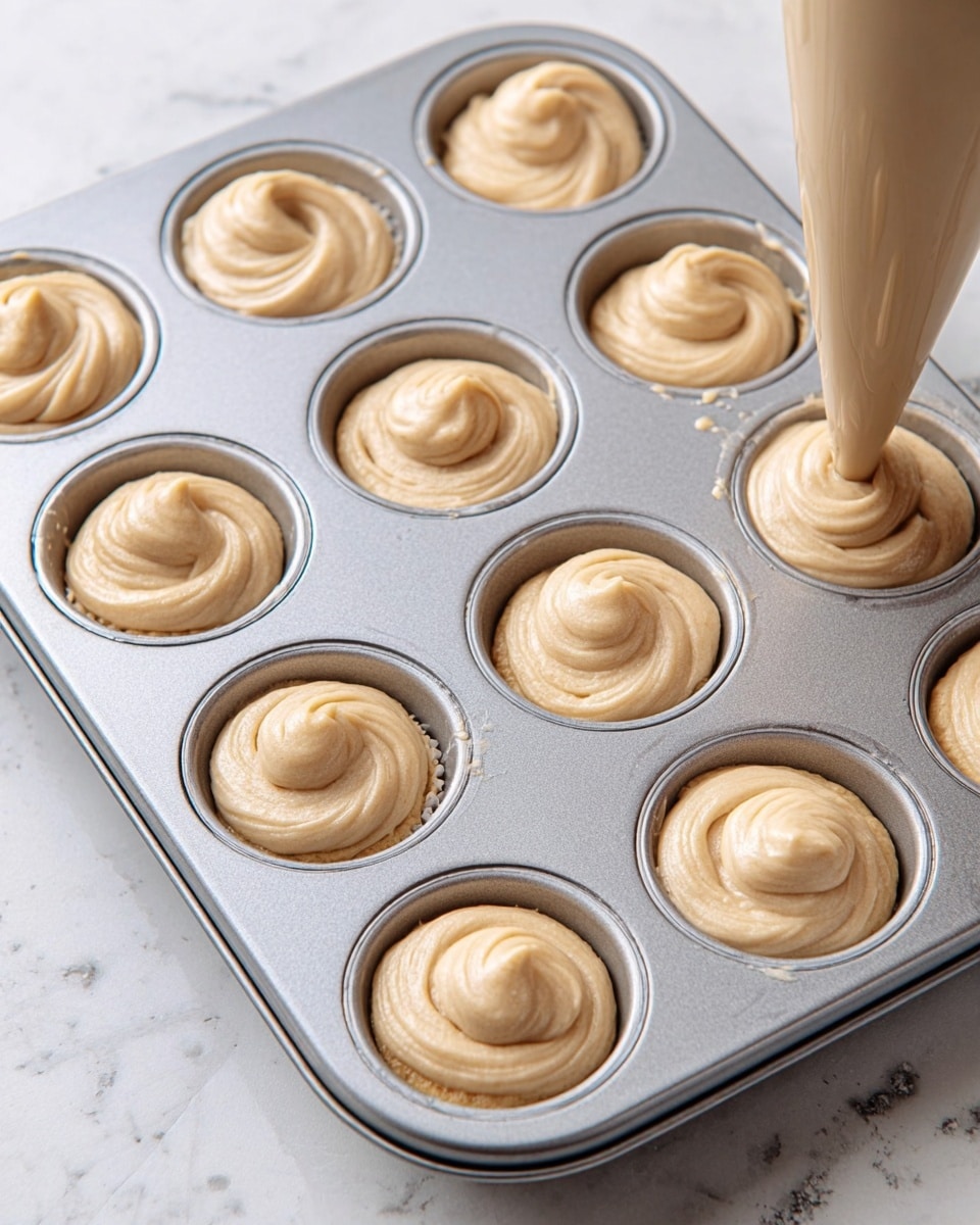 A silver muffin tray filled with twelve cups of light beige creamy batter, each swirled on the top with a smooth texture. The bottom layer in each cup looks like a thin, dark brown crumb crust. A piping bag with the same beige batter is shown in the act of filling the last cup from the bottom right corner of the tray. The background is a white marbled surface, adding a clean and bright look to the image. photo taken with an iphone --ar 4:5 --v 7