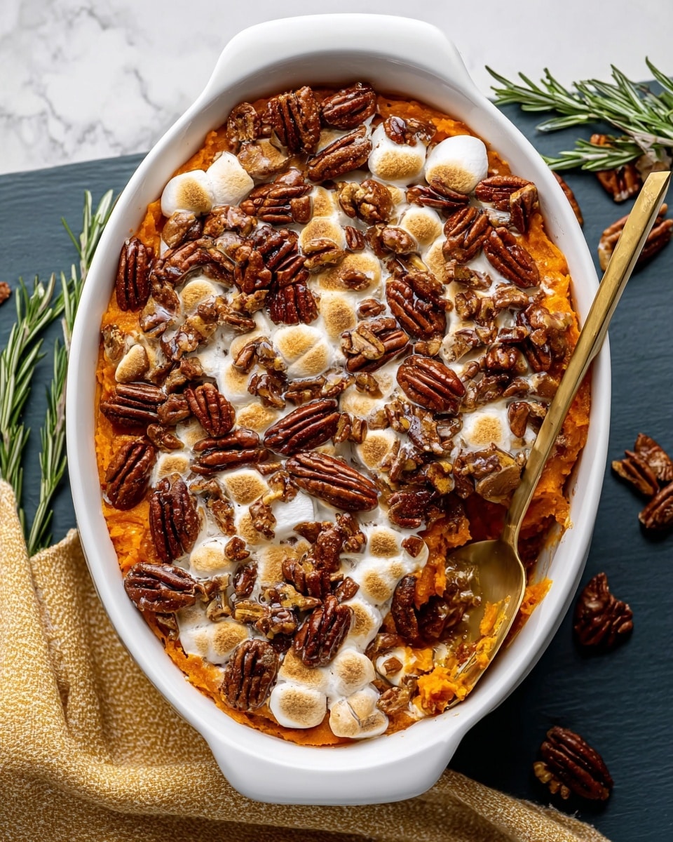 A white oval baking dish filled with a layered sweet potato casserole. The bottom layer is soft, bright orange mashed sweet potatoes. Above that is a mix of melted, golden toasted marshmallows that are soft and slightly brown on top. Scattered thickly on the surface are glossy, brown pecan halves giving a crunchy texture. The edges of the dish have baked, browned spots where the marshmallows and sweet potatoes meet. A gold serving spoon rests inside the dish on the right side. The dish sits on a dark white marbled surface with a light yellow cloth and a sprig of rosemary nearby. Photo taken with an iphone --ar 4:5 --v 7