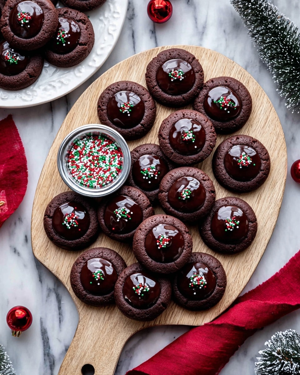 The image shows many dark brown round thumbprint cookies placed closely together on a white wooden round cutting board with a handle. Each cookie has a shiny dark chocolate center topped with small red, white, and green round sprinkles. To the left, there is a white plate with more cookies, and a small silver bowl filled with the same red, white, and green sprinkles sits among the cookies on the board. The background is a white marbled texture with Christmas decorations including a small green tree and red baubles, and a red ribbon lying nearby. Photo taken with an iphone --ar 4:5 --v 7