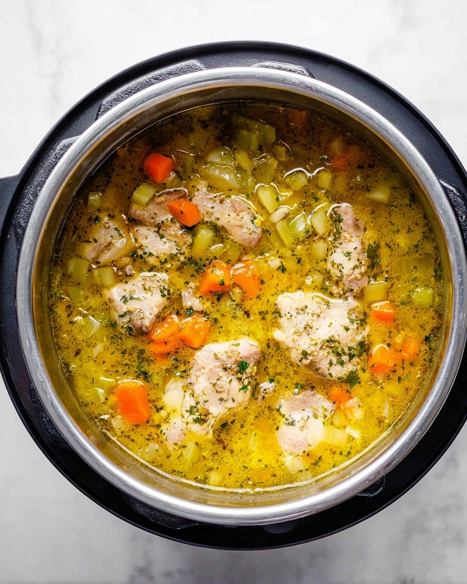 This image shows a pot filled with a warm stew. At the bottom layer, there is a yellow broth mixed with herbs and bits of spices. On top of that, there are chunks of cooked meat, pale in color with a sprinkle of green herbs. Floating throughout the broth are small cubes of green celery and orange carrot pieces, adding color and texture to the dish. The pot itself is dark gray and placed on a white marbled surface. photo taken with an iphone --ar 4:5 --v 7