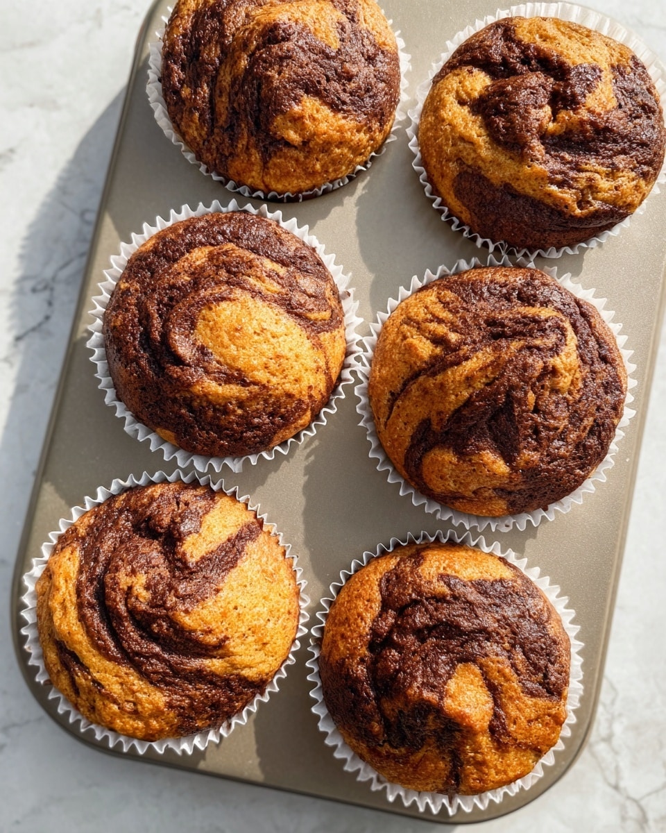 The image shows six muffins in white paper liners placed in a metal muffin tray on a white marbled surface. Each muffin has a swirled top with two main colors: a warm golden-brown base mixed with darker, rich chocolate brown swirls creating a marbled effect across each muffin's top. The tops have a slightly cracked and textured look, showing a soft and moist inside. The muffins are arranged in two rows of three, and the light shines from the side, highlighting the texture and color contrast clearly. photo taken with an iphone --ar 4:5 --v 7