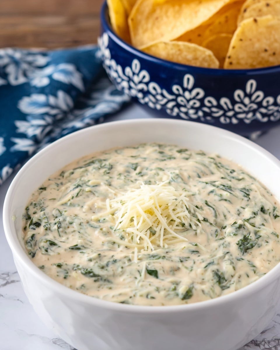 The image shows a white bowl filled with creamy spinach dip, which has a light beige color with green spinach pieces mixed throughout. In the center of the dip, there is a small pile of shredded white cheese, adding texture and contrast. The bowl is placed on a white marbled surface, and in the background, there is a blue bowl with a white floral pattern filled with round tortilla chips. The photo taken with an iphone --ar 4:5 --v 7