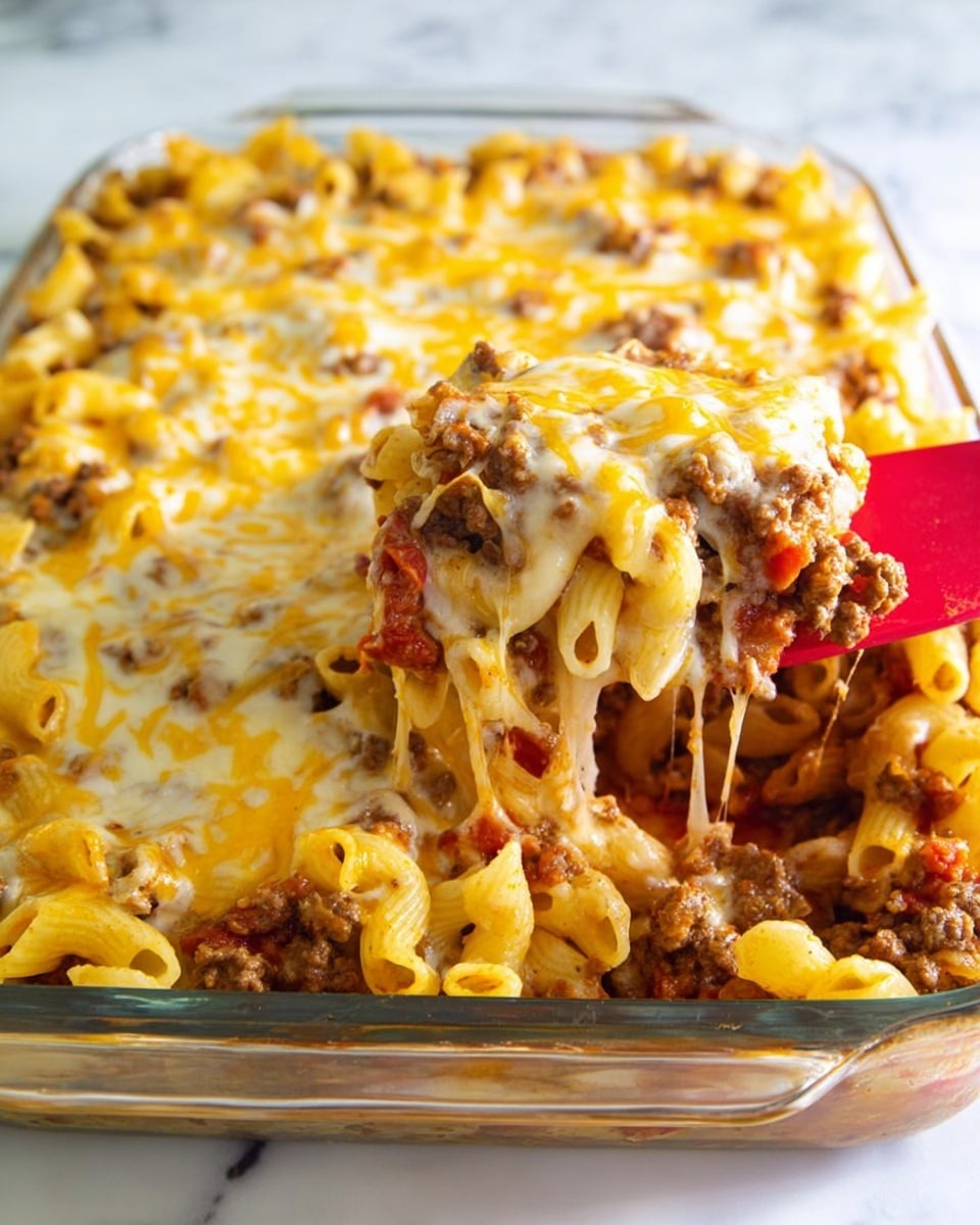 This image shows a glass baking dish filled with a layered baked pasta casserole on a white marbled surface. The top layer is melted cheese with a mix of yellow and white colors, slightly browned in some spots, covering the surface. Below the cheese is a thick layer of cooked ground meat mixed with small bits of red tomato sauce. Underneath the meat layer, there is a layer of curved pasta tubes with a pale yellow color and a smooth texture. A red spatula is scooping a portion from the dish, lifting a mix of pasta, meat, and cheese strands that stretch between the spatula and the dish. The overall look is warm and cheesy with a mix of textures from soft pasta, meat, and melted cheese. photo taken with an iphone --ar 4:5 --v 7