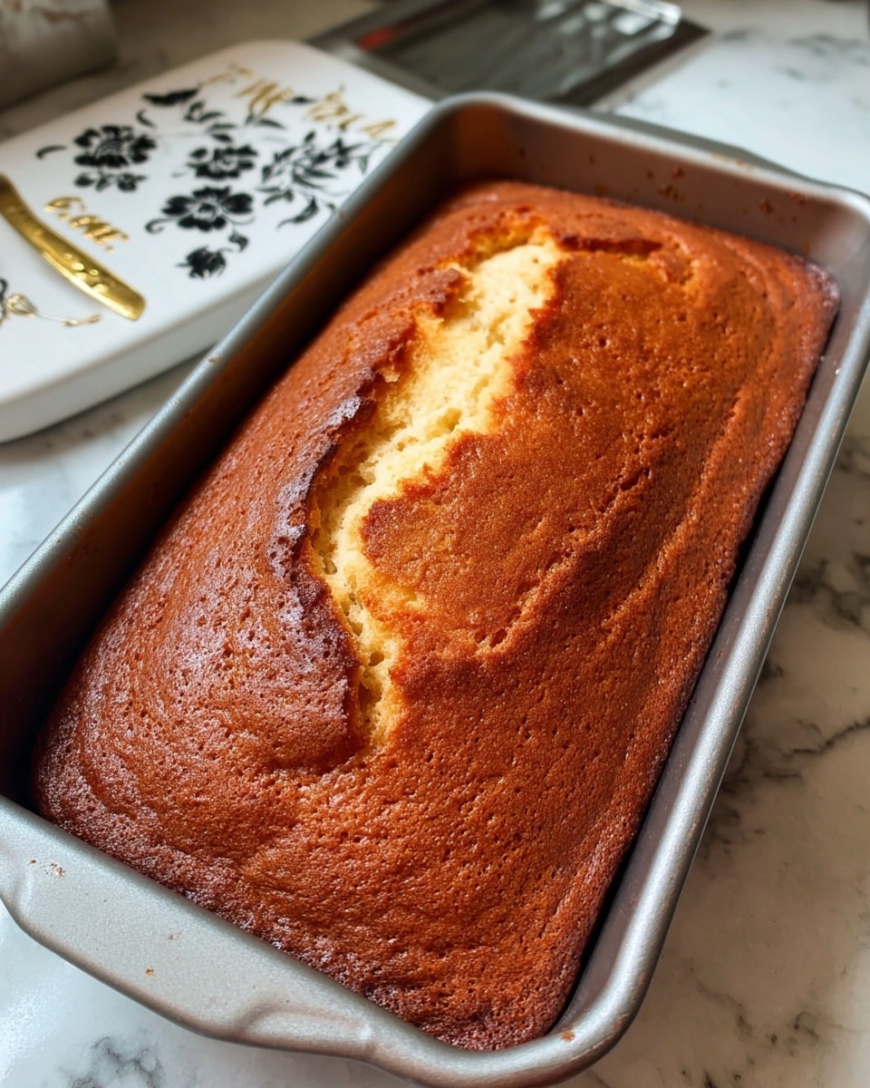 A golden brown loaf cake sits in a rectangular metal baking pan, showing a cracked surface with a lighter cream-colored center crack running through the top. The cake's crust is slightly darker around the edges, and its texture looks soft and moist inside the cracks. The pan rests on a white marbled counter next to a white kitchen spoon rest with black floral designs and gold lettering, and a woman's hand is not visible in this image. Photo taken with an iphone --ar 4:5 --v 7