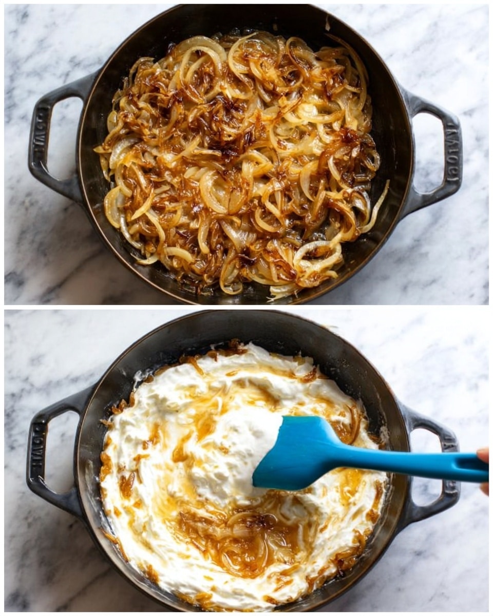 The first image shows a black cast iron pan filled with golden brown, caramelized sliced onions, evenly spread out across the pan's surface. The onions have a slightly shiny and soft texture, with some darker browned edges. The second image shows the same pan with the caramelized onions covered by a thick layer of creamy white yogurt being stirred gently with a blue spatula. The white marbled texture background adds contrast to the pan. photo taken with an iphone --ar 4:5 --v 7