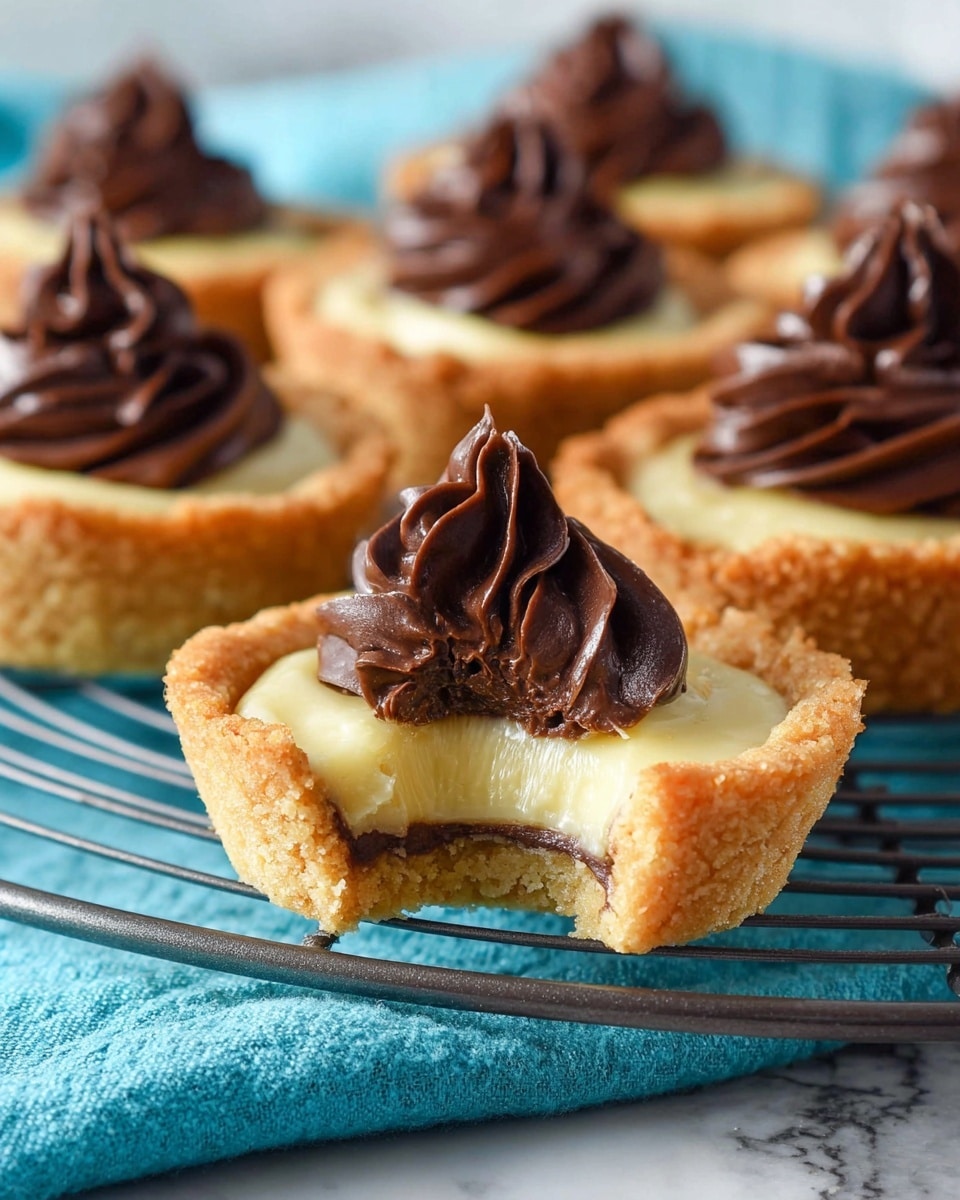 The image shows seven small round tartlets arranged on a black wire cooling rack over a white marbled surface. Each tartlet has two layers: the bottom layer is a light golden-brown crust with a slightly rough texture, thick and firm; the top layer is a smooth, creamy pale yellow filling, topped with a swirl of rich, glossy dark brown chocolate cream. The chocolate swirl is thick, smooth, and has a soft, creamy texture, sitting neatly in the center of each tartlet. The soft blue cloth adds a soft contrast around the rack. photo taken with an iphone --ar 4:5 --v 7