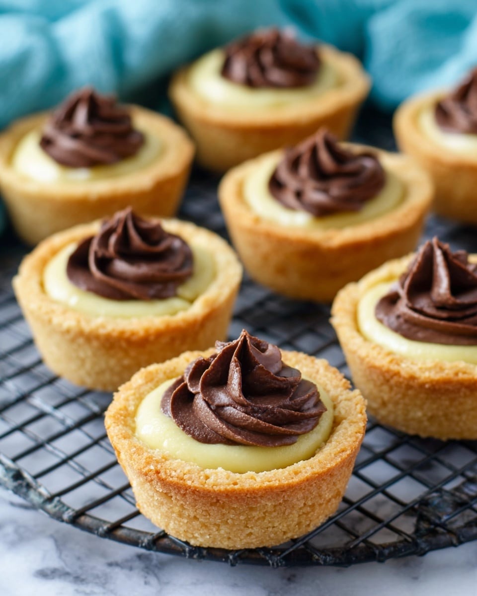 The image shows a group of small tartlets placed on a cooling rack with a blue cloth underneath. Each tartlet has three visible layers: a thick golden-brown cookie base with a crumbly texture, a smooth creamy pale yellow middle filling, and a swirl of dark chocolate frosting on top that is glossy and piped in a decorative peak. One tartlet in the front has a bite taken out, exposing the soft inside of the cookie base and the creamy filling. The background has a soft focus with more tartlets slightly blurred, all set against a white marbled texture. photo taken with an iphone --ar 4:5 --v 7