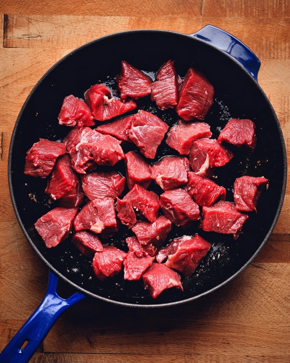 A close-up top view of a black frying pan with a blue handle filled with raw beef chunks evenly spread out. The beef pieces are bright red with some light white fat spots, and the pan surface has a shiny, slightly oily texture. The pan sits on a wooden surface with a warm brown tone and visible grain patterns. The image captures the freshness and texture of the meat clearly. Photo taken with an iphone --ar 4:5 --v 7