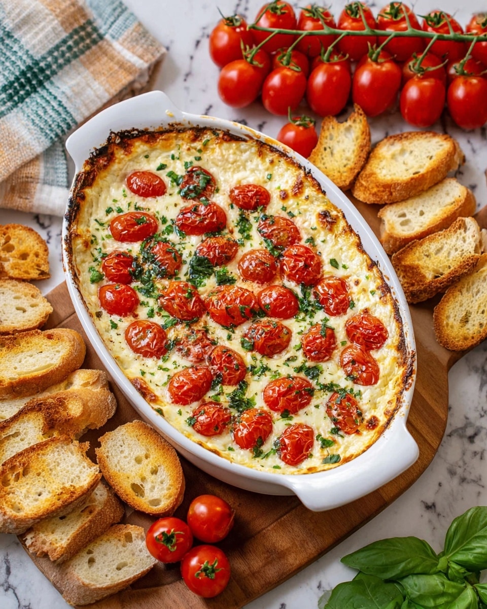 A white oval dish filled with a baked dip showing three main layers: a creamy white cheese base melted evenly, topped with bright red halved cherry tomatoes scattered all over, and finished with green chopped herbs sprinkled on top. The edges of the dish have some browned cheese crust. To the right side of the dish, there is a wooden board with golden toasted bread slices stacked and spread around. In the background, a bunch of fresh red tomatoes on the vine sits on a white marbled surface with some green basil leaves and a checkered cloth nearby. Photo taken with an iphone --ar 4:5 --v 7