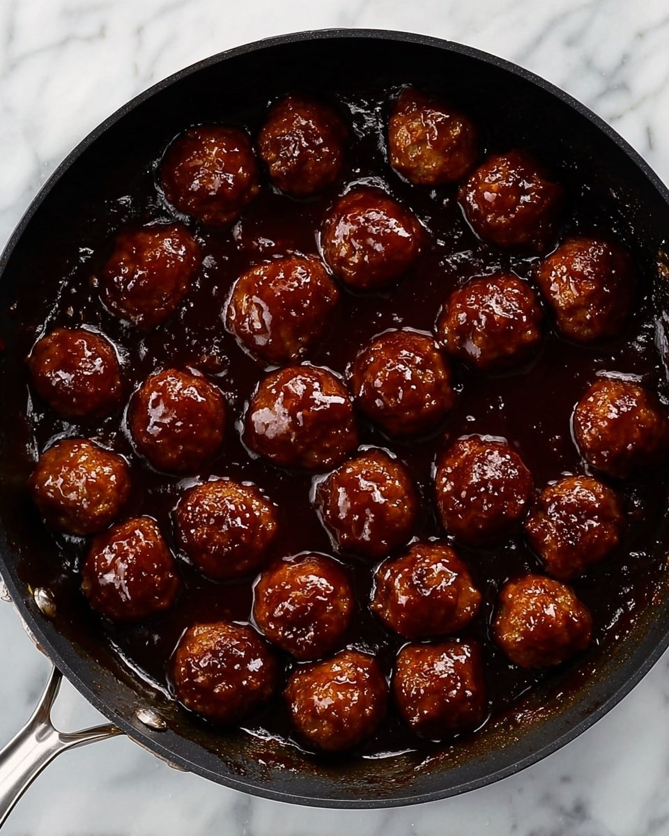 A black pan filled with many round meatballs evenly spread out inside. The meatballs are covered with a thick, shiny dark brown sauce that looks rich and sticky, almost like a glaze. The sauce coats each meatball smoothly and pools slightly around them. The pan sits on a white marbled surface, and the lighting highlights the glossy texture of the sauce and the texture of the meatballs under it. photo taken with an iphone --ar 4:5 --v 7