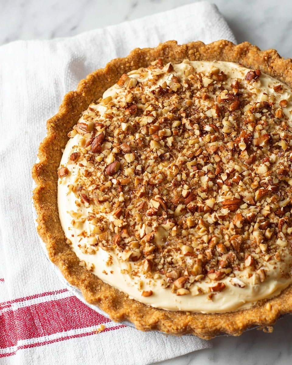 A close-up of a single-layer pie with a golden-brown, crimped crust filled with a thick, creamy light beige filling. The filling is topped with a generous layer of finely chopped mixed nuts spread evenly across the surface. The pie sits on a white marbled surface with a white cloth underneath that has three red stripes. The photo taken with an iphone --ar 4:5 --v 7