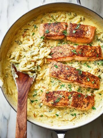 Salmon with Artichoke Orzo in Creamy Parmesan Sauce Recipe
