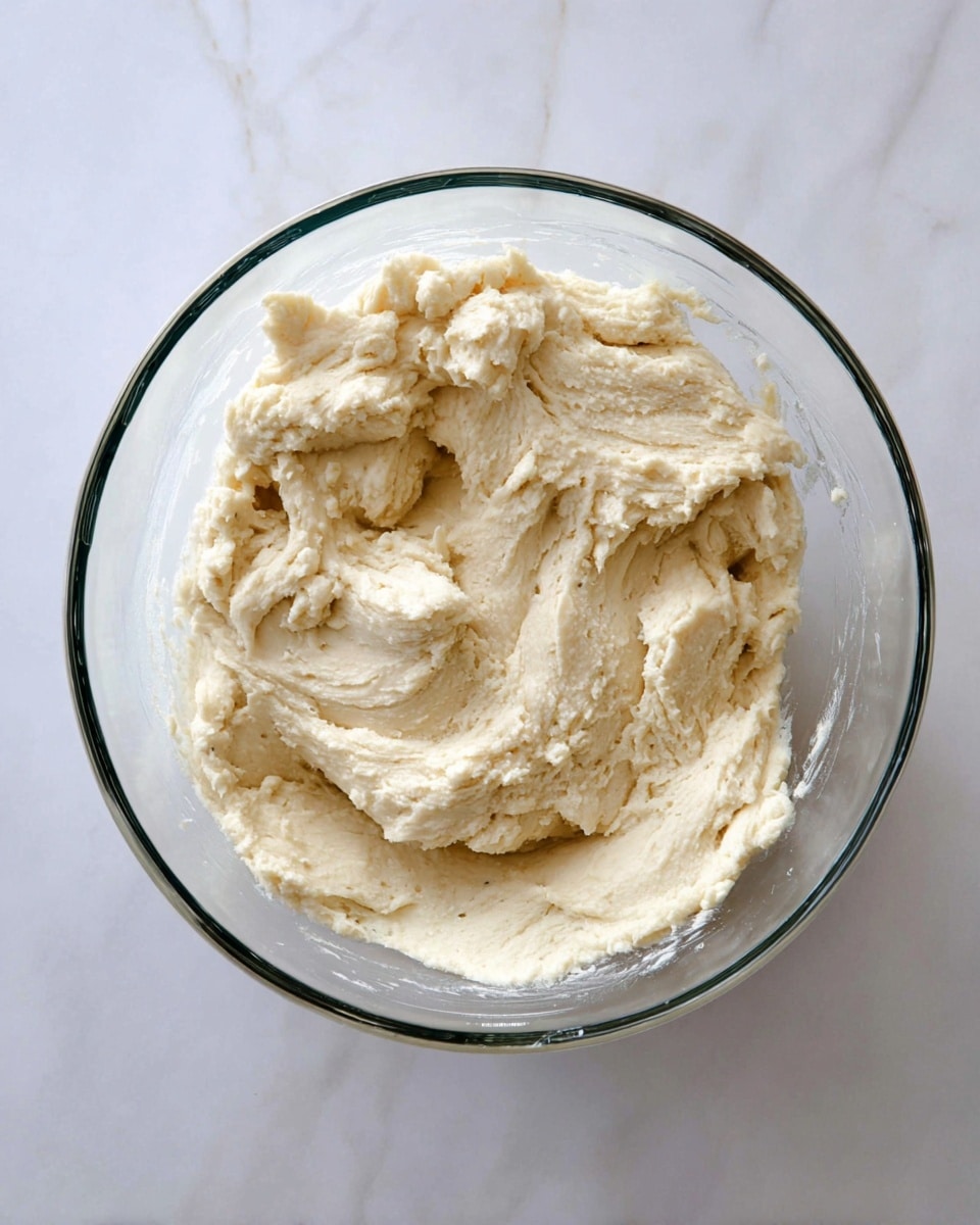 A glass mixing bowl filled with thick, pale cream-colored dough that has a rough, slightly uneven texture. The dough appears soft and dense, with visible peaks and folds spread all around inside the bowl. The bowl rests on a white marbled surface, and the scene is viewed from above, showing the dough’s creamy consistency and slight sheen. Photo taken with an iphone --ar 4:5 --v 7