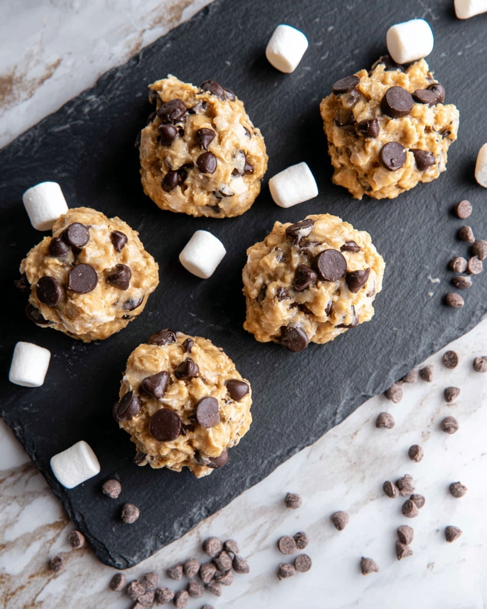 The image shows five round cookie clusters on a black slate board placed over a white marbled surface. Each cluster has a rough, bumpy texture with a light tan color and is topped with dark chocolate chips. Small white marshmallows and extra chocolate chips are scattered around the cookie clusters on the slate and the marble surface. Photo taken with an iphone --ar 4:5 --v 7