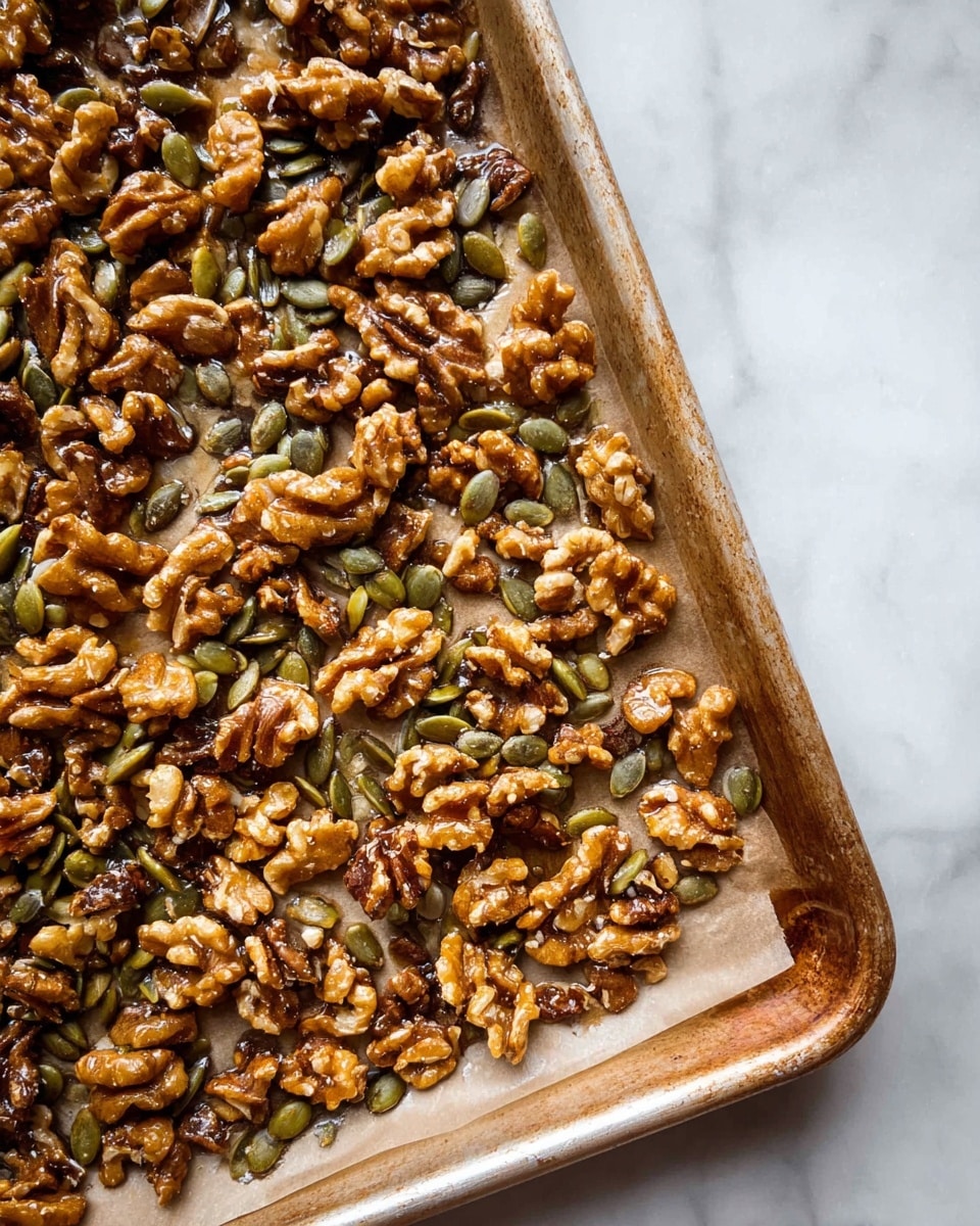 The image shows a baking tray lined with parchment paper, filled with a mix of toasted walnuts and green pumpkin seeds. The nuts and seeds are spread unevenly across the tray, displaying a shiny glaze that highlights their rough, crunchy texture. The walnuts are light to dark brown with irregular shapes, while the pumpkin seeds are small, flat, and green with a slightly matte finish. The tray rests on a white marbled surface. photo taken with an iphone --ar 4:5 --v 7