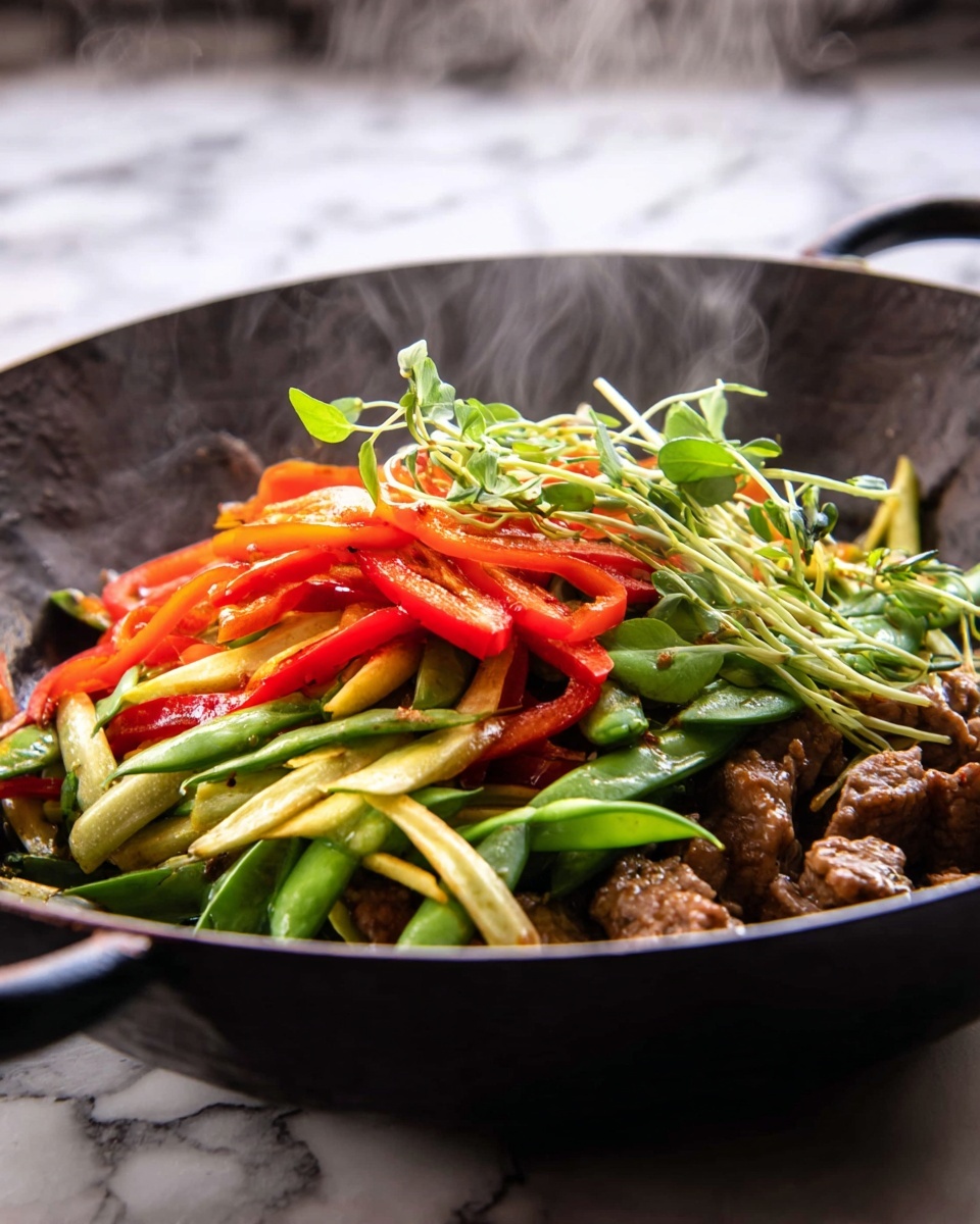 This image shows a black pan filled with three main layers of food. The bottom layer has light brown cooked meat pieces with a rough texture. On top of the meat lies a layer of long, thin, light yellow vegetable strips mixed with bright green snap peas. The top layer includes thin slices of bright red bell pepper and small green leaves, creating a fresh and colorful look. There is steam rising from the pan, showing that the food is hot. The pan is sitting on a surface with a white marbled texture. Photo taken with an iphone --ar 4:5 --v 7
