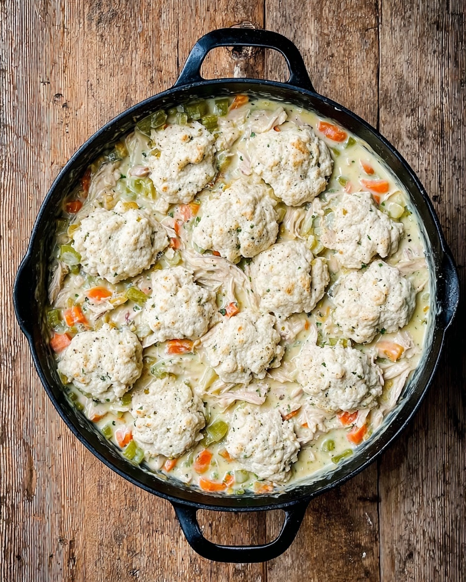 A round black cast iron pan filled with a creamy stew that has visible pieces of orange carrot, green celery, and light-colored shredded meat. On top, there are uneven dollops of a pale biscuit dough, slightly textured and fluffy, scattered across the surface in about a dozen spots. The pan sits on a worn wooden surface. photo taken with an iphone --ar 4:5 --v 7
