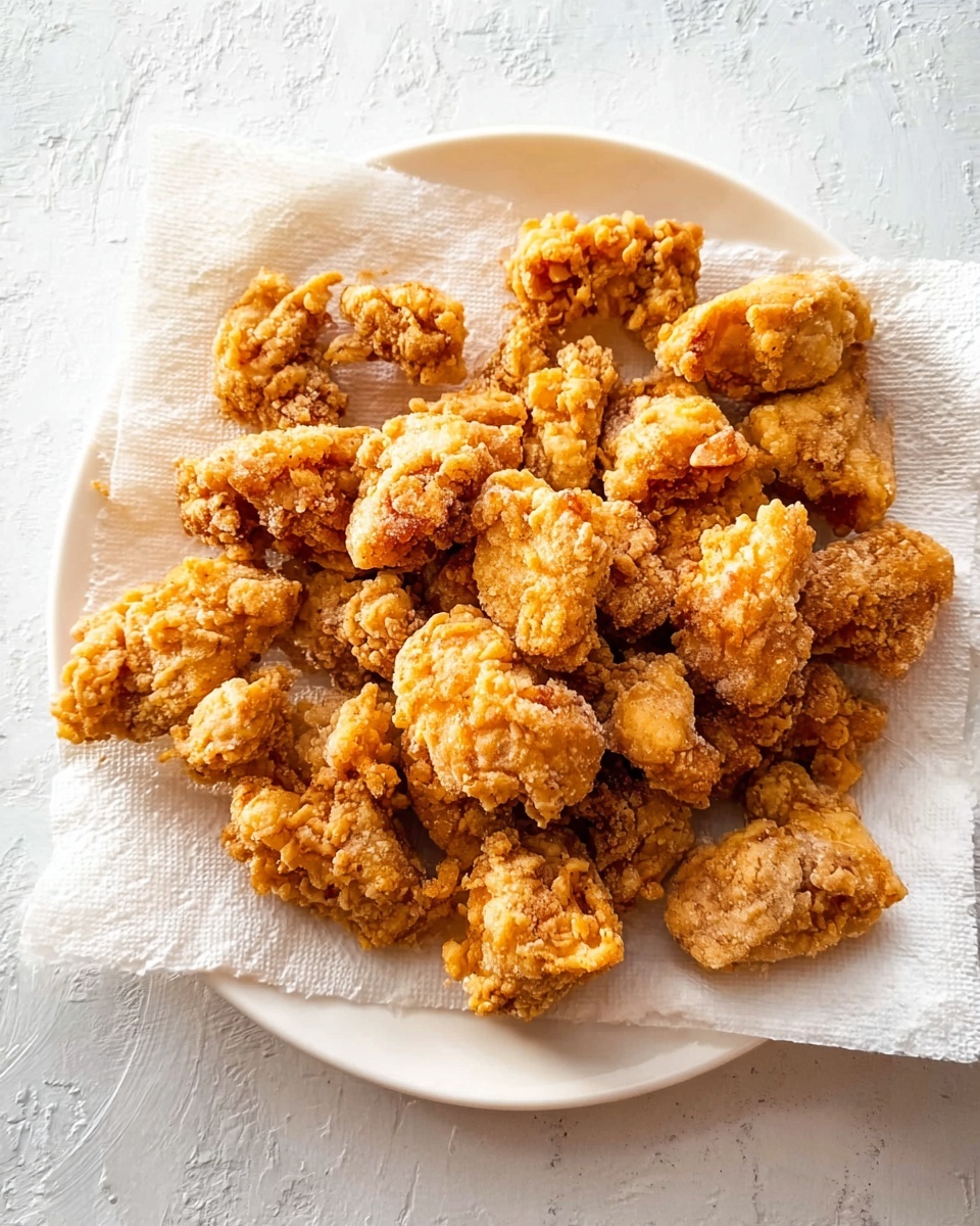 A white plate with a textured edge holds a pile of golden brown fried chicken pieces. The chicken pieces are irregular in shape and covered in a crunchy, rough coating with a mix of light and darker golden colors. The pieces rest on a white paper towel that absorbs oil beneath them. The plate sits on a white marbled surface, bright and clean. Photo taken with an iphone --ar 4:5 --v 7