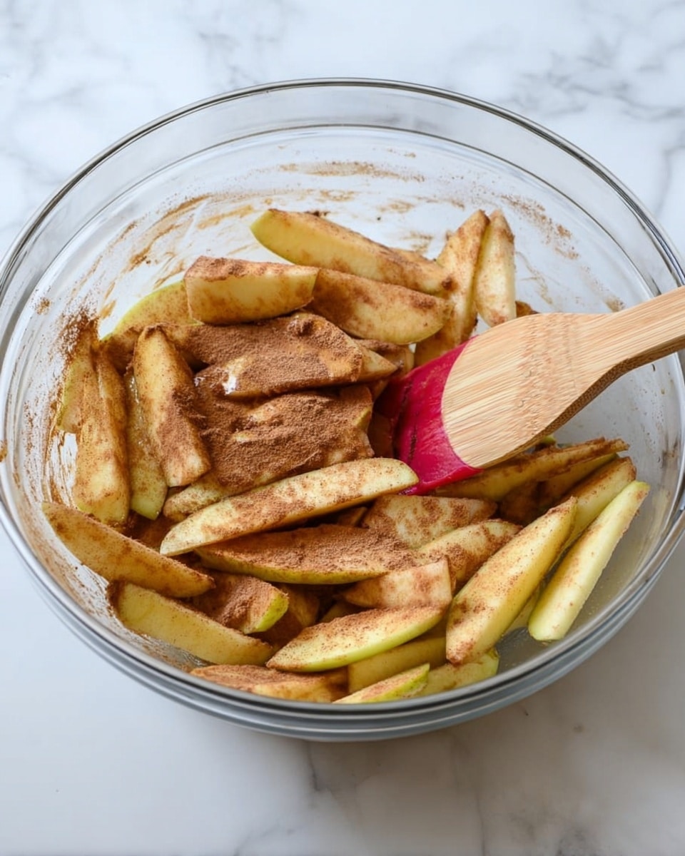 A clear glass bowl filled with sliced apples mixed with a layer of cinnamon powder, giving the apples a light brown dusted look. The apple slices are thin and layered unevenly, showing their yellow and light brown cinnamon coating. A wooden spatula with a red silicone tip rests inside the bowl on the right side, slightly angled. The bowl is placed on a white marbled surface. Photo taken with an iphone --ar 4:5 --v 7