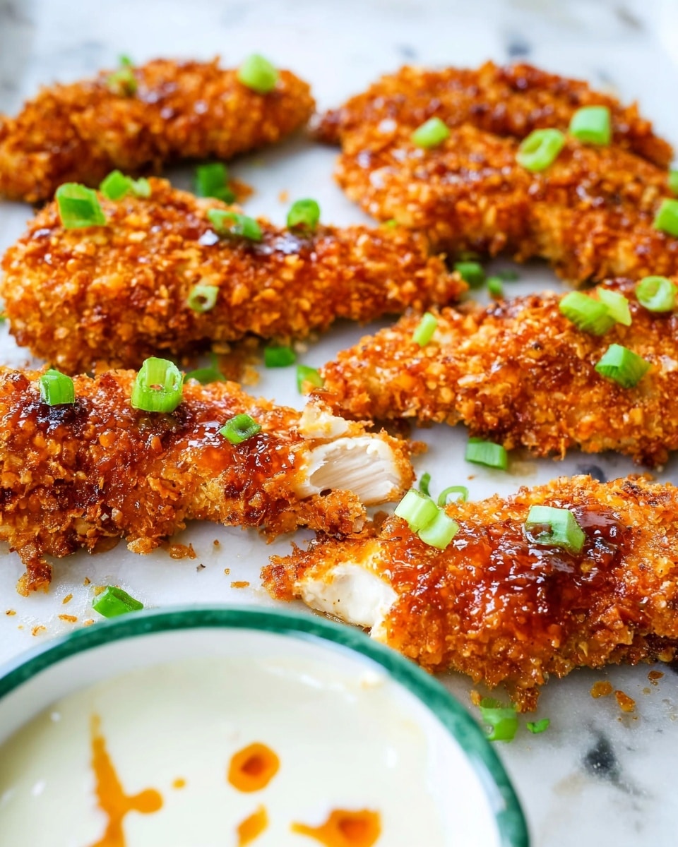 Several crispy, golden brown chicken strips are spread on a white marbled surface, each piece showing a rough, crunchy texture with a glaze of shiny sauce on top. Small green onion pieces are sprinkled over and around the strips, adding a fresh bright green color contrast. In the lower part of the image, there is a white bowl with a green rim, filled with a creamy white dipping sauce that has a drizzle of sauce on its surface. One chicken strip is dipped into the sauce, showing the thick, crunchy coating clearly. The photo taken with an iphone --ar 4:5 --v 7
