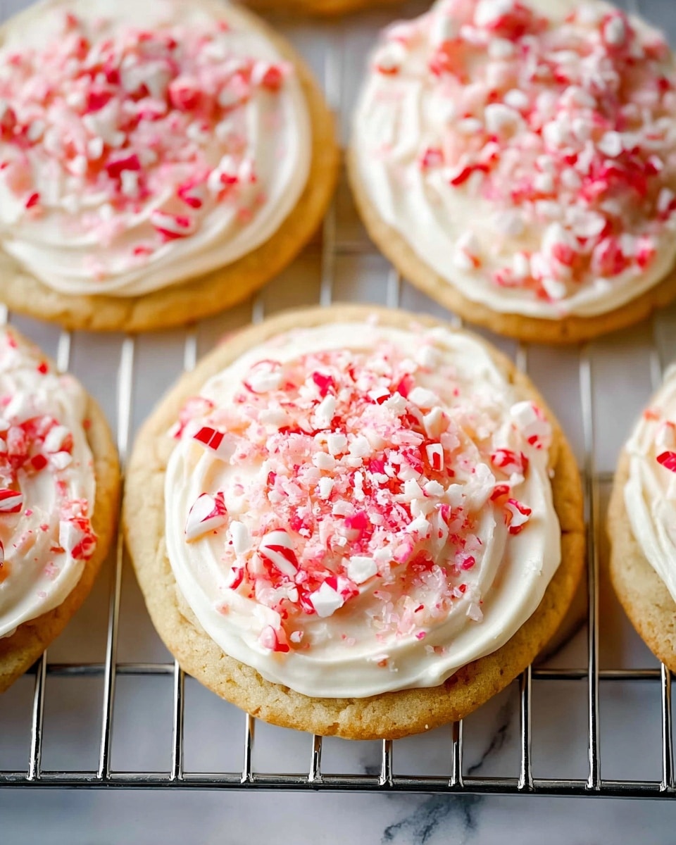 The image shows round sugar cookies with three layers. The bottom layer is a light golden cookie. The middle layer is thick, smooth white frosting spread evenly over the cookie. The top layer consists of small, crushed peppermint candy pieces in red, white, and pink colors sprinkled all over the frosting. The cookies are stacked slightly overlapping each other on a white plate with a red and black design, sitting on a white marbled texture. Nearby, there are other cookies with different decorations and colors. Photo taken with an iphone --ar 4:5 --v 7