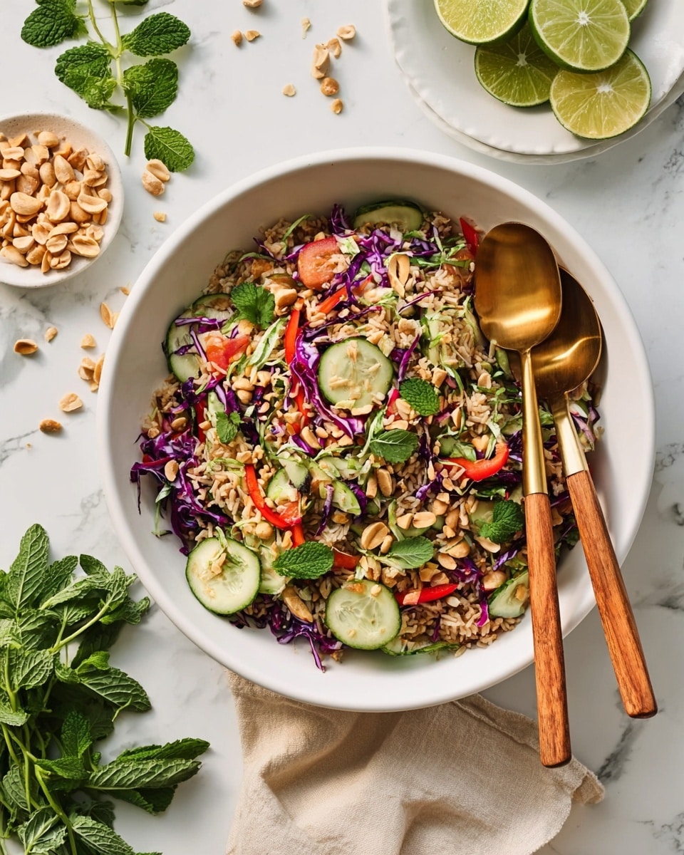 A large white bowl on a white marbled surface holds a colorful salad with multiple layers: a base of light brown rice mixed with shredded purple cabbage, slices of fresh green cucumber, and thin strips of bright red bell pepper. Scattered on top are chopped peanuts and fresh green herbs, including cilantro and mint leaves, adding texture and color. Two wooden salad spoons with gold handles rest on the bowl’s edge. Around the bowl, there is a smaller white plate with lime halves and mint, and another white plate with peanuts and cilantro. Loose cilantro leaves are spread on the surface nearby. Photo taken with an iphone --ar 4:5 --v 7