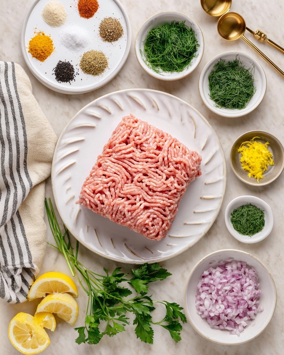 The image shows a top view of a white plate with small crescent designs holding a large rectangular block of pink ground meat in the center. Around this main plate, there are small white bowls with different ingredients: a bowl with finely chopped green herbs at the top center, a bowl with chopped dill to the right, and a bowl with minced red onion at the bottom center. A small white bowl with zest of yellow lemon is to the right of the onion. At the top left, a white plate holds six piles of different spices in colors like white, black, red, and yellow. There are some lemon halves placed at the bottom left, and fresh parsley sprigs are seen at the right bottom corner. The entire scene is set on a white marbled surface with two small golden measuring spoons and a striped cloth on the left side. Photo taken with an iphone --ar 4:5 --v 7