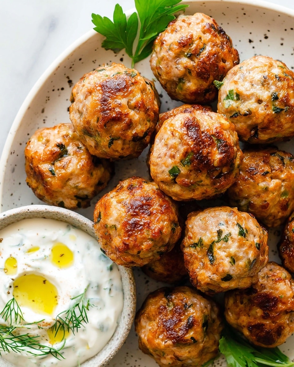 The image shows a close-up of golden-brown meatballs with visible bits of green herbs, arranged closely on a white plate with small black speckles. The meatballs have a slightly shiny and textured surface, showing they are cooked well. On the side of the plate is a small bowl filled with a creamy white sauce, topped with a drizzle of olive oil and small green herb sprigs. Around the plate, there are fresh green herb leaves adding a fresh touch to the presentation. The background is a white marbled texture. photo taken with an iphone --ar 4:5 --v 7
