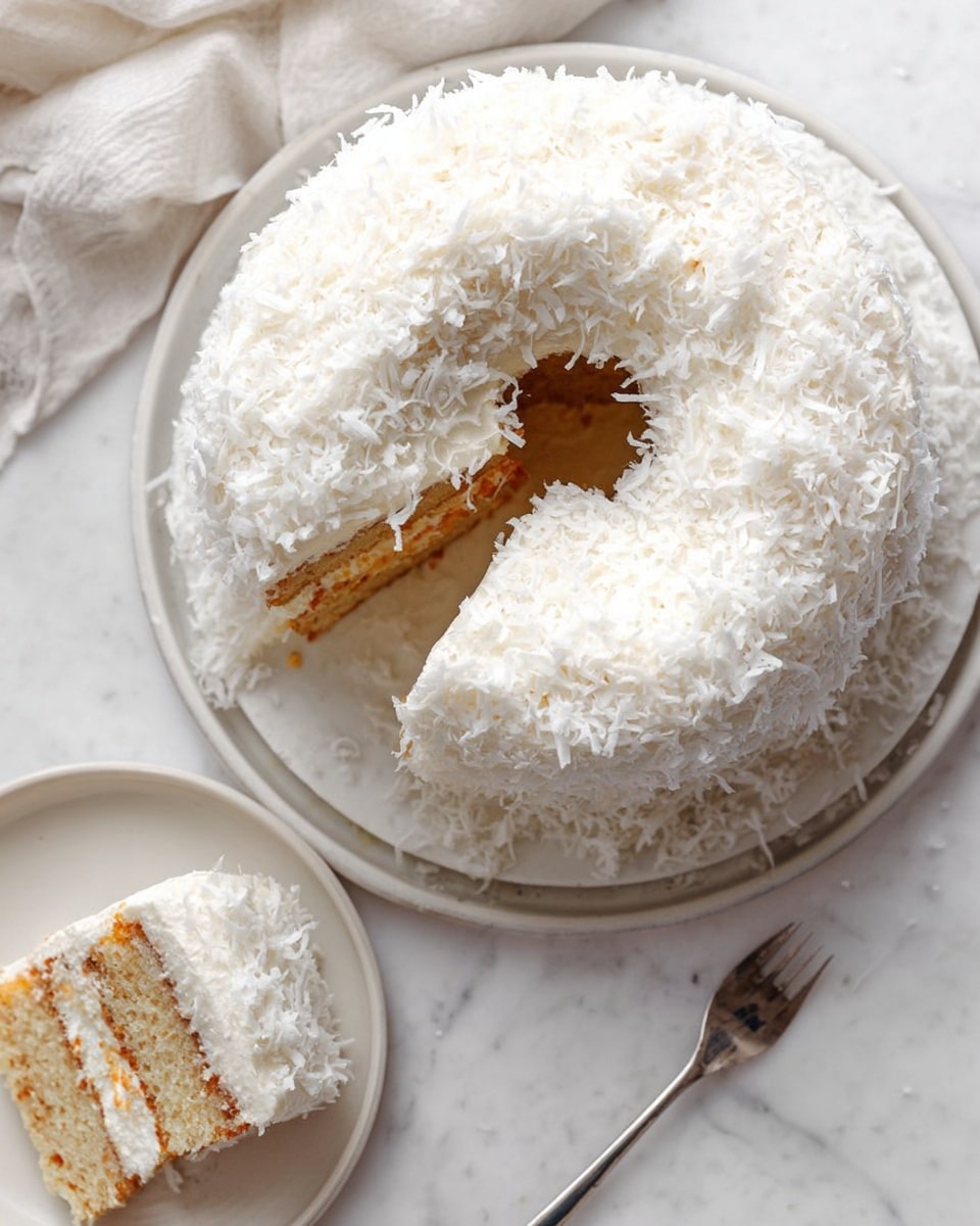 A round bundt cake with two visible layers of light yellow sponge is covered fully with thick white frosting, topped generously with shredded white coconut flakes that add texture and fluffiness. A single slice is cut out, placed on a white plate beside the cake, showing the soft inside of the cake covered in the same frosting and coconut flakes. A gold fork rests diagonally on the white plate next to the slice. The setting is a white marbled surface with two small shiny gold ornaments placed near the cake. Photo taken with an iphone --ar 4:5 --v 7