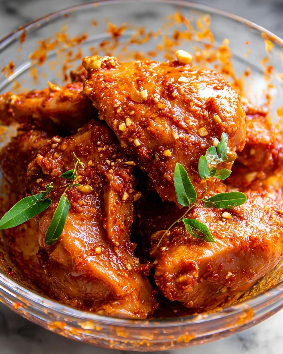 The image shows a close-up of several pieces of raw chicken coated in a thick, reddish marinade with visible bits of garlic and spices. The chicken pieces are irregularly shaped, layered slightly on top of each other, and have a glossy, wet texture from the marinade. There are a few small green leaves and sprigs placed on and around the chicken, adding contrast to the warm tones. The chicken is placed in a clear glass bowl, sitting on a white marbled surface with some marinade splattered on the bowl edges. photo taken with an iphone --ar 4:5 --v 7