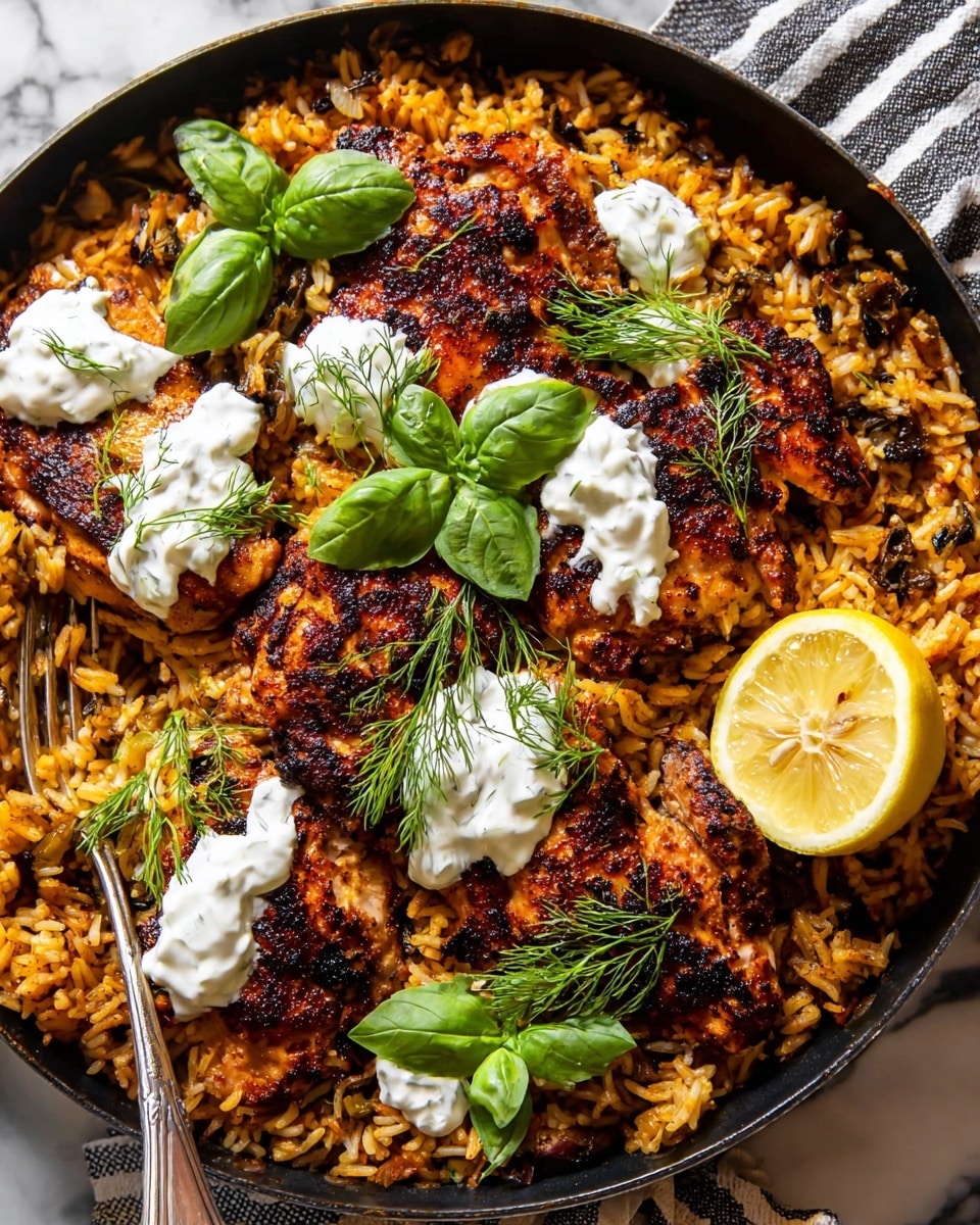 The dish shows a black skillet filled with a base layer of golden brown rice mixed with small dark bits of herbs or spices. On top, there are several pieces of grilled chicken with a dark, rich brown color and slightly charred texture. Dollops of white creamy sauce are scattered over the chicken and rice. Bright green fresh basil leaves and small sprigs of dill are placed on top, adding a fresh color contrast. A wedge of lemon with bright yellow and white inside rests near the edge of the skillet. A silver fork is partially inserted into the rice and chicken on one side. The skillet sits on a white marbled surface with a striped cloth nearby. Photo taken with an iphone --ar 4:5 --v 7