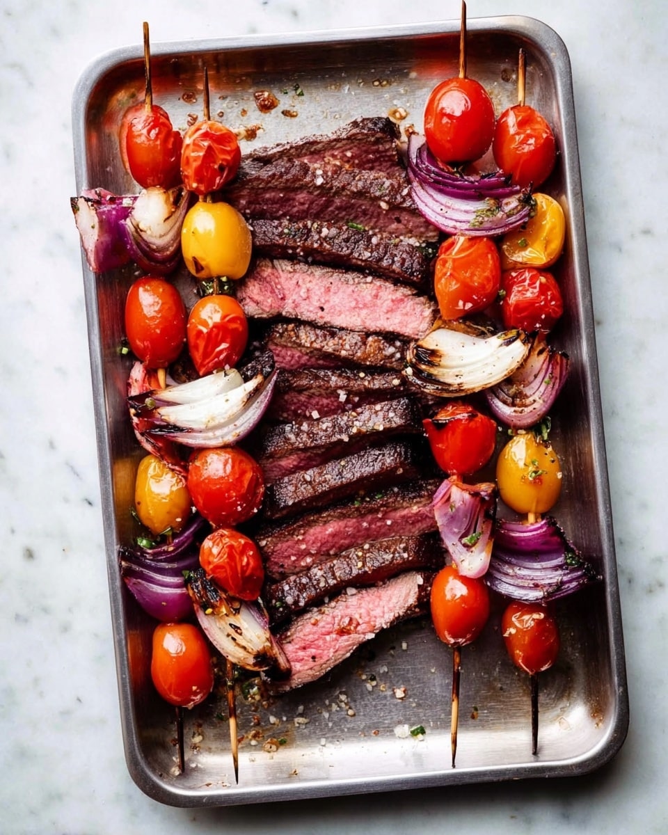 A metal tray holds several thick slices of cooked steak, showing a pink center with a slightly browned, seasoned outer edge. On both sides of the steak, there are four wooden skewers with grilled vegetables, including red and yellow cherry tomatoes and pieces of white and purple onion. The vegetables have char marks and a vibrant, juicy look. The tray rests on a white marbled surface. Photo taken with an iphone --ar 4:5 --v 7