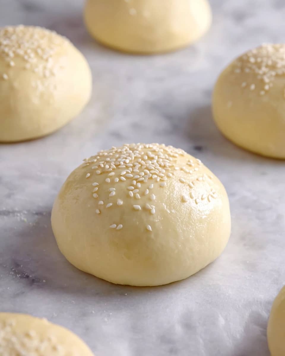 The image shows several round dough balls resting on a white marbled surface covered with white baking paper. Each dough ball is smooth and pale cream in color, with a shiny surface from an egg wash or similar glaze. The top of each dough ball is sprinkled with small, white sesame seeds that add texture and a slight contrast. The dough balls are spaced apart, with the nearest one in clear focus, while others softly fade into the background. photo taken with an iphone --ar 4:5 --v 7