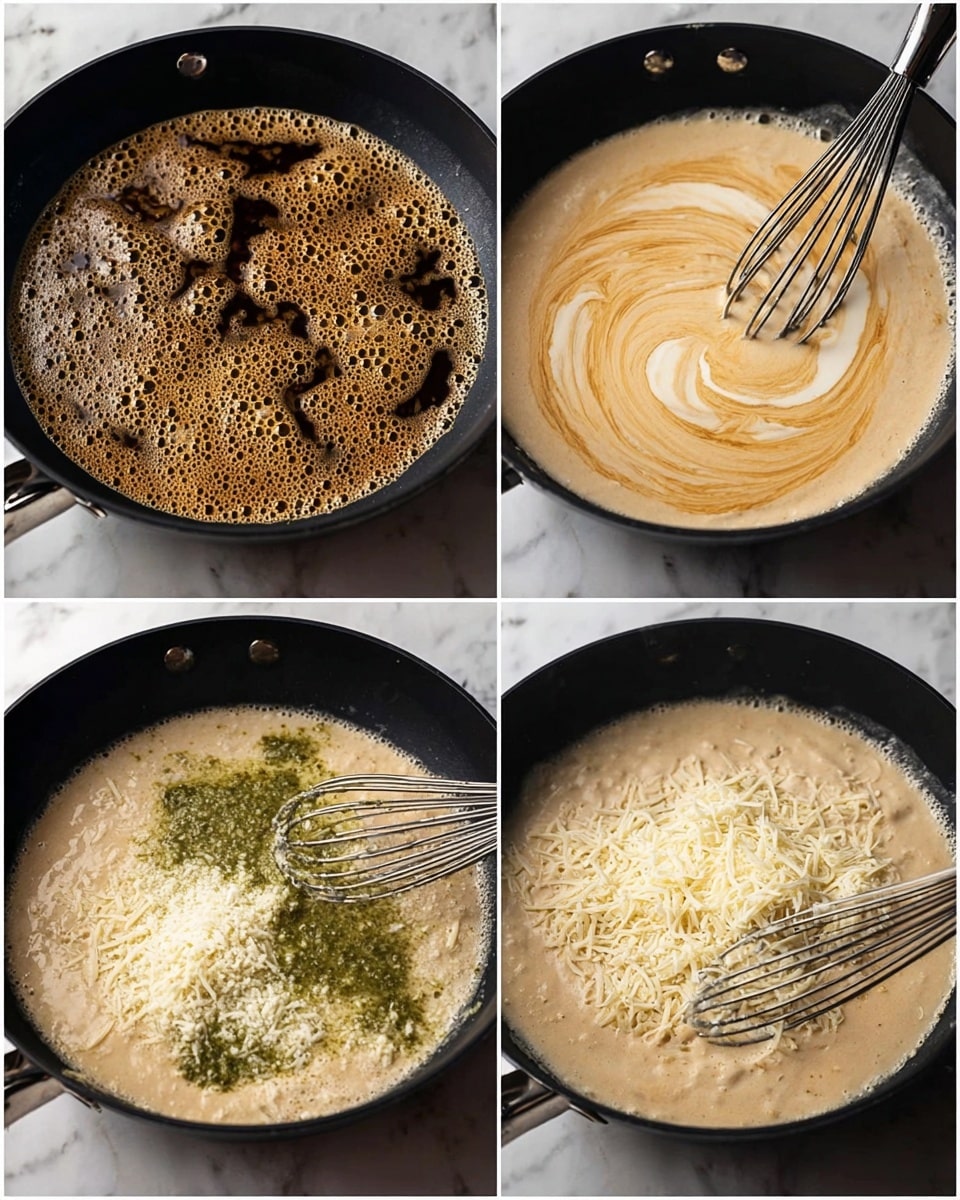 The images show a cooking pan with four stages of making a creamy sauce. The first stage shows dark brown bubbles and frothy texture spreading in the pan in a circular pattern. The second stage shows light brown and creamy white liquid swirling together, with a black whisk hovering above. The third stage shows the sauce thickened with a smooth, creamy, light beige texture, and the whisk is still inside. The last stage shows shredded white cheese, green pesto sauce, and grated light yellow cheese added on top of the light beige sauce, with the black whisk resting on the right side of the pan. All the images have a black cooking pan on a white marbled surface. Photo taken with an iphone --ar 4:5 --v 7
