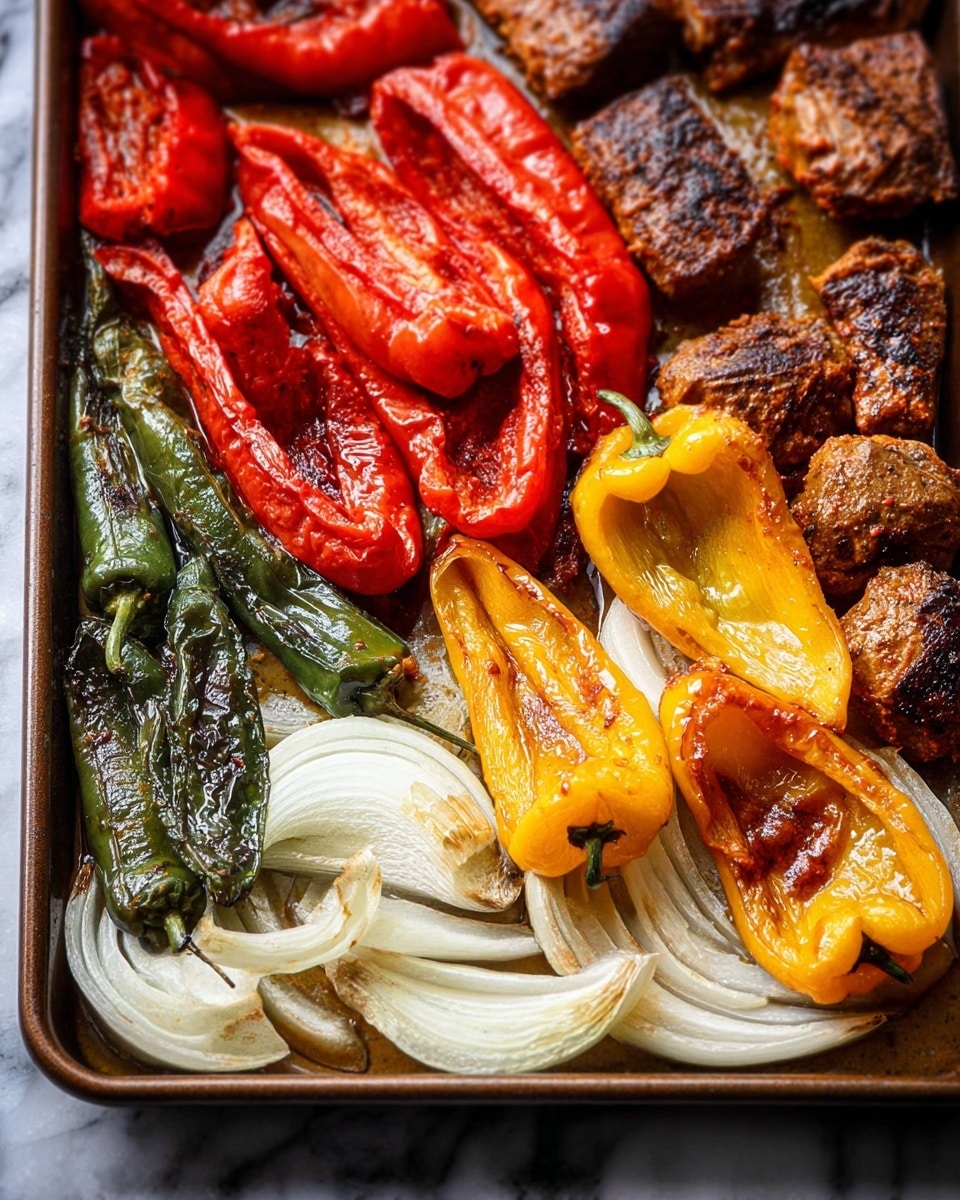 The image shows a tray with three layers of food: at the bottom are thin, cooked white onion slices stretched across the tray; above them are bright red roasted peppers and dark green roasted jalapeños placed randomly; next to them are orange and yellow roasted bell peppers with charred spots, and in the background, there are browned, seasoned meat pieces with a textured surface. The tray rests on a white marbled surface. Photo taken with an iphone --ar 4:5 --v 7