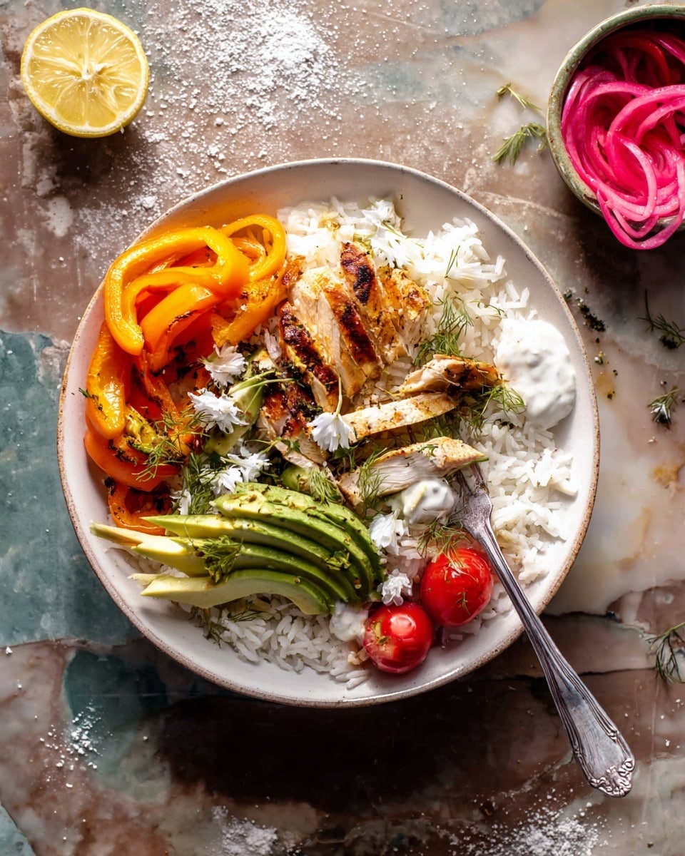 A white plate holds a layered dish beginning with a base of white rice covering most of the plate. On the left side, bright orange roasted bell pepper rings are placed on top of the rice. In the center, grilled slices of golden-brown chicken are arranged in a fan shape, partially covering the rice. Green herbs and thin slices of avocado with light green and yellow tones are layered in front of the chicken, topped with a small dollop of white sauce and small white edible flowers scattered over. On the right side, small bright red cherry tomato halves rest on the rice. A silver fork sits on the right edge of the plate, touching some rice and chicken. There is a white marbled surface under the plate with scattered coarse salt grains, a lemon wedge, and a small white bowl of bright pink pickled onions nearby. Photo taken with an iphone --ar 4:5 --v 7