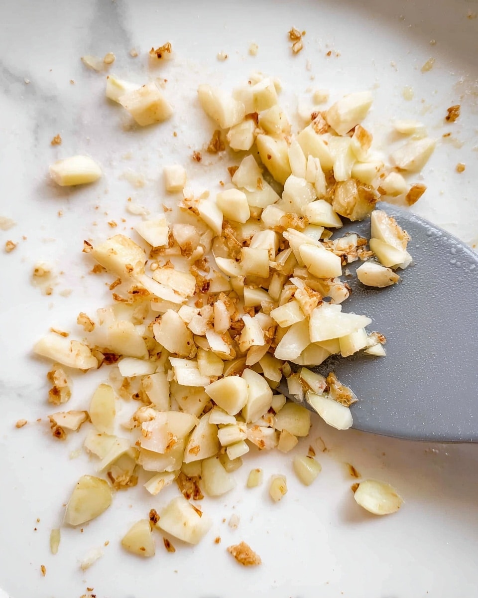 The image shows a close-up of small, chopped garlic pieces that are light golden brown with some parts slightly darker from cooking, scattered on a white marbled surface. The garlic pieces are uneven in size and look slightly soft, with some showing a bit of crispiness on the edges. There is a gray spatula resting next to the garlic on the right side of the image, partially covered by the garlic pieces. Photo taken with an iphone --ar 4:5 --v 7