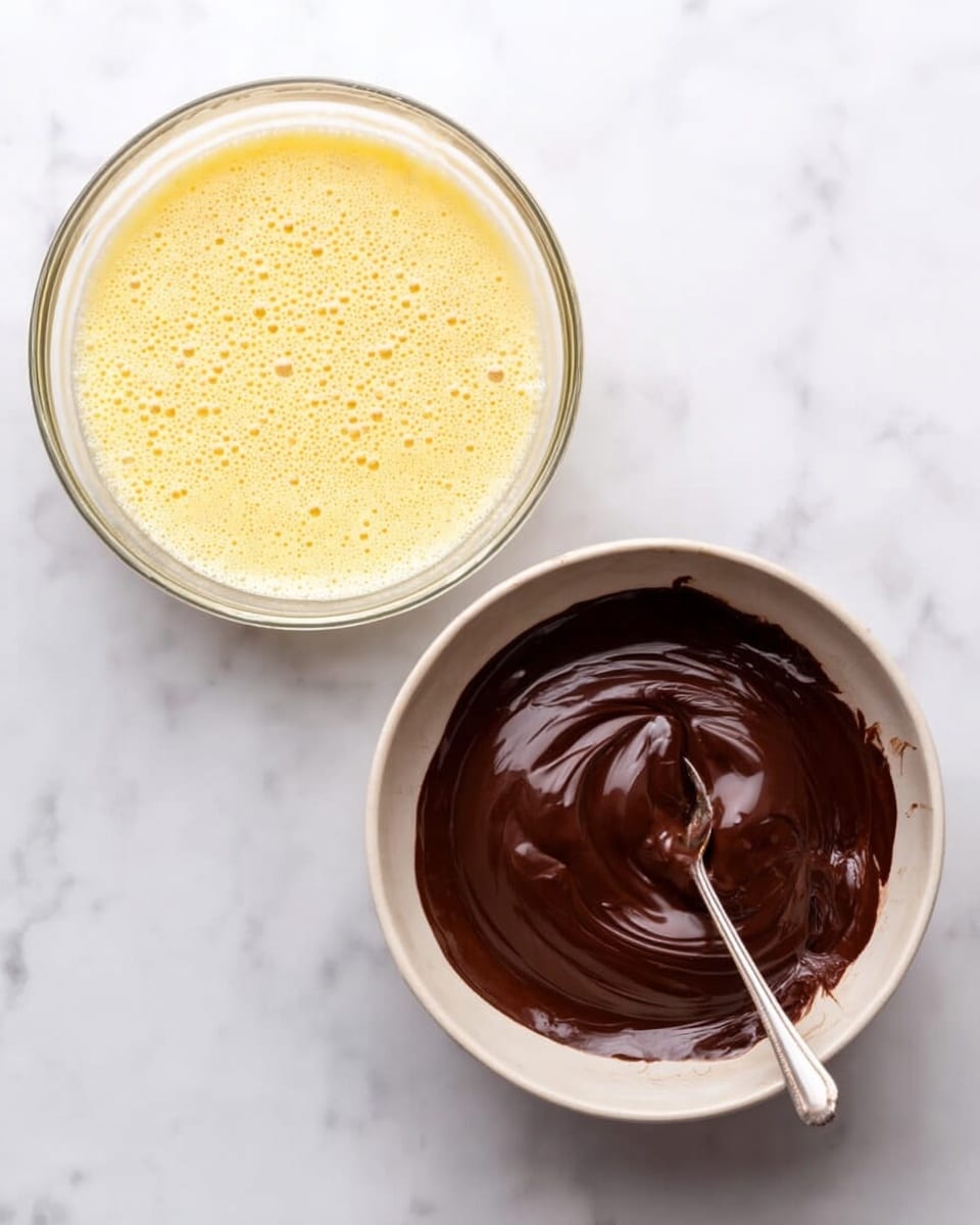 The image shows two side-by-side bowls on a white marbled surface. On the left, a clear glass bowl holds a frothy, pale yellow mixture of beaten eggs and sugar, with tiny bubbles covering the surface. On the right, a white bowl contains smooth, melted dark brown chocolate with a shiny texture; a spoon is partly dipped into the chocolate, creating soft swirling patterns. Both bowls are clearly visible from above, showing the textures and colors inside. Photo taken with an iphone --ar 4:5 --v 7