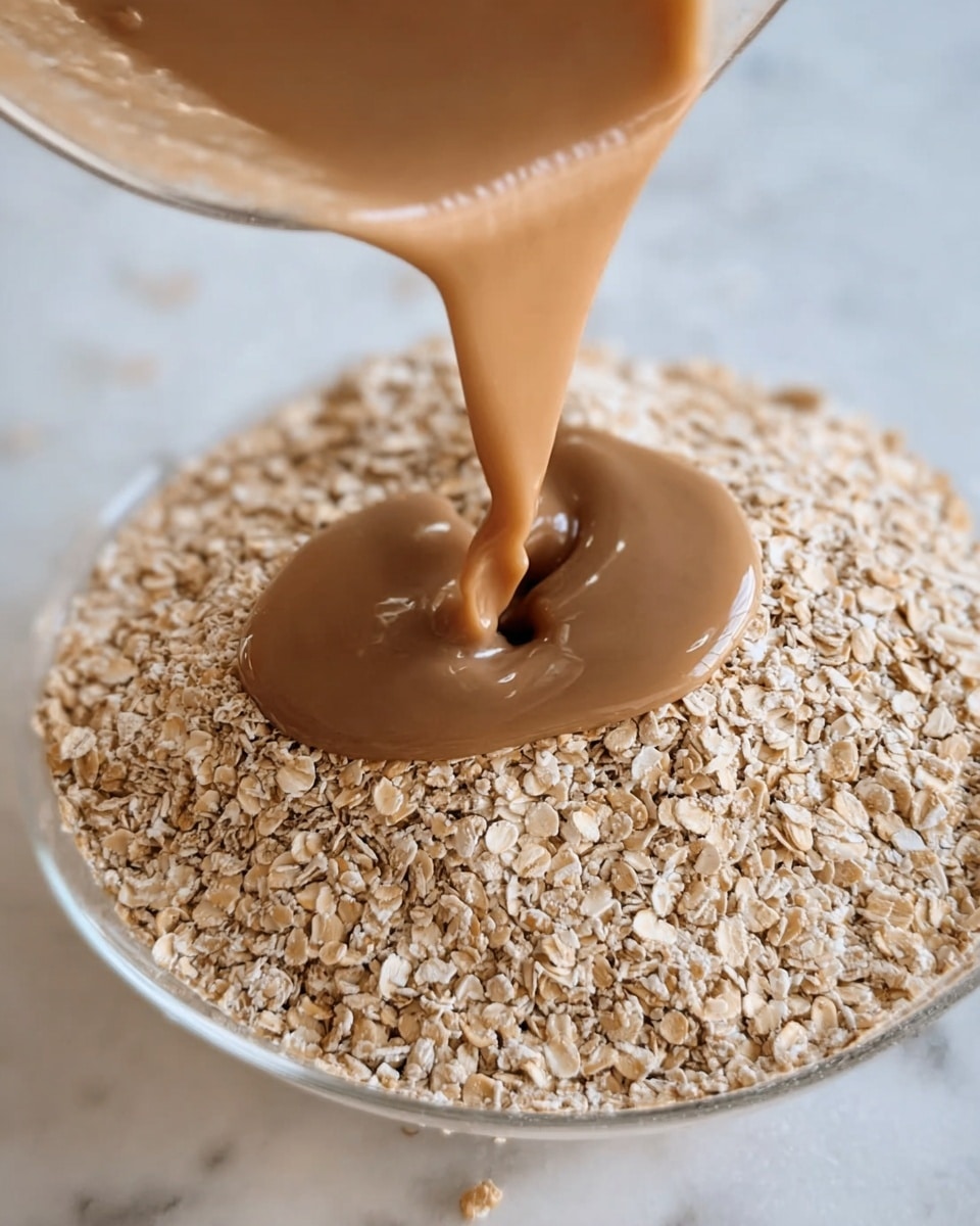 A close-up image shows smooth brown liquid being poured from a glass container onto a layer of dry, light beige oats inside a clear bowl. The oats fill the bottom of the bowl, creating a rough, coarse texture with their small, flat shapes. The brown liquid contrasts with the light oats as it gently flows and pools over them, creating a soft, wet surface on top of the dry oats. The bowl sits on a white marbled surface, and the scene is lit with natural light showing details of both the liquid and oats. photo taken with an iphone --ar 4:5 --v 7
