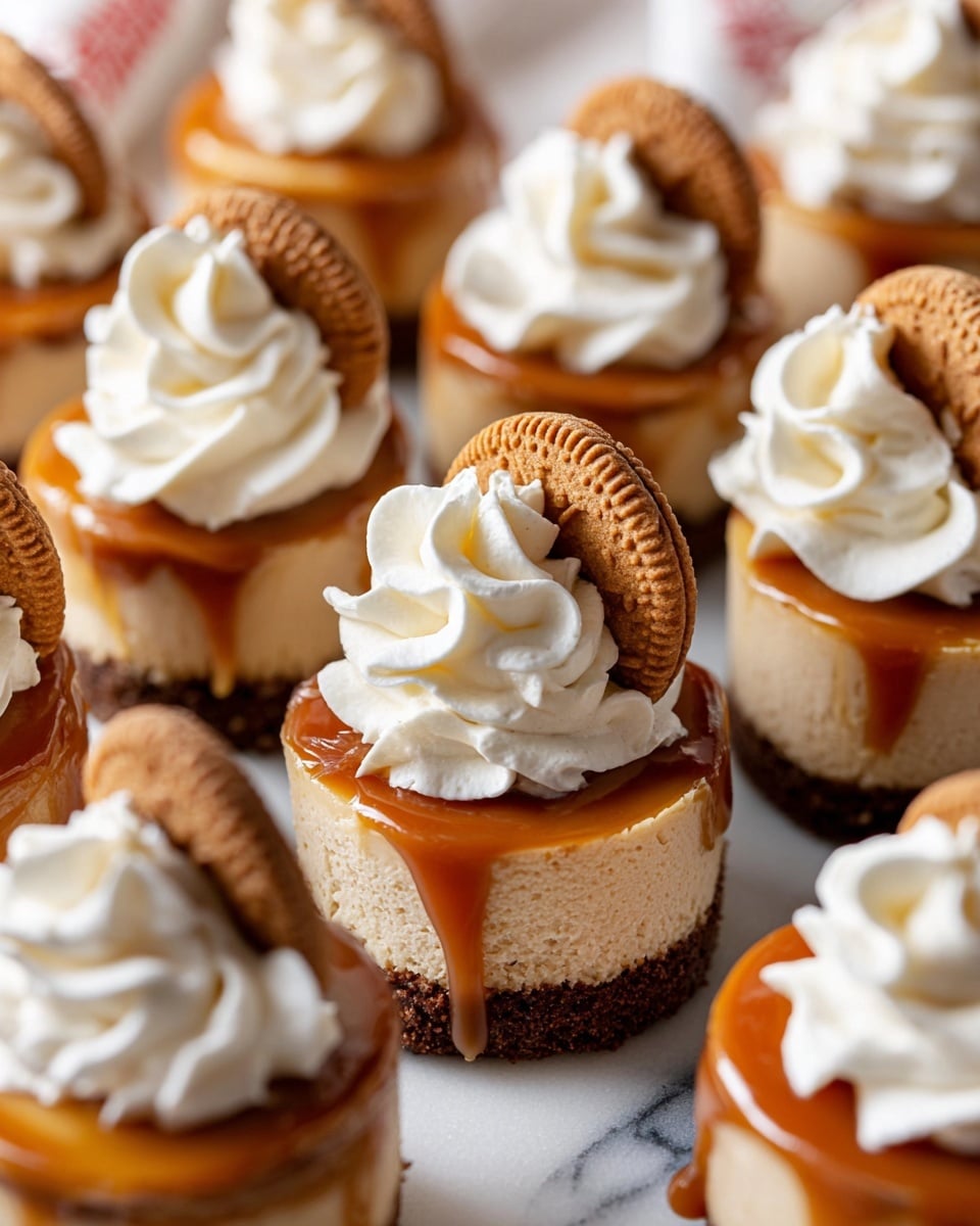 The image shows several mini cheesecakes arranged closely together on a white marbled surface. Each cheesecake has three visible layers: a dark brown crumbly base at the bottom, a thick light beige creamy middle layer, and a smooth caramel-colored topping that slightly drips down the sides. On top of many cheesecakes, there is a swirl of white whipped cream, adding a soft, fluffy texture. Some of the cheesecakes are decorated with a small round brown cookie partially inserted into the whipped cream. The photo is bright and sharp, with a shallow depth of field that blurs the background, creating focus on the cheesecakes in the foreground. Photo taken with an iphone --ar 4:5 --v 7