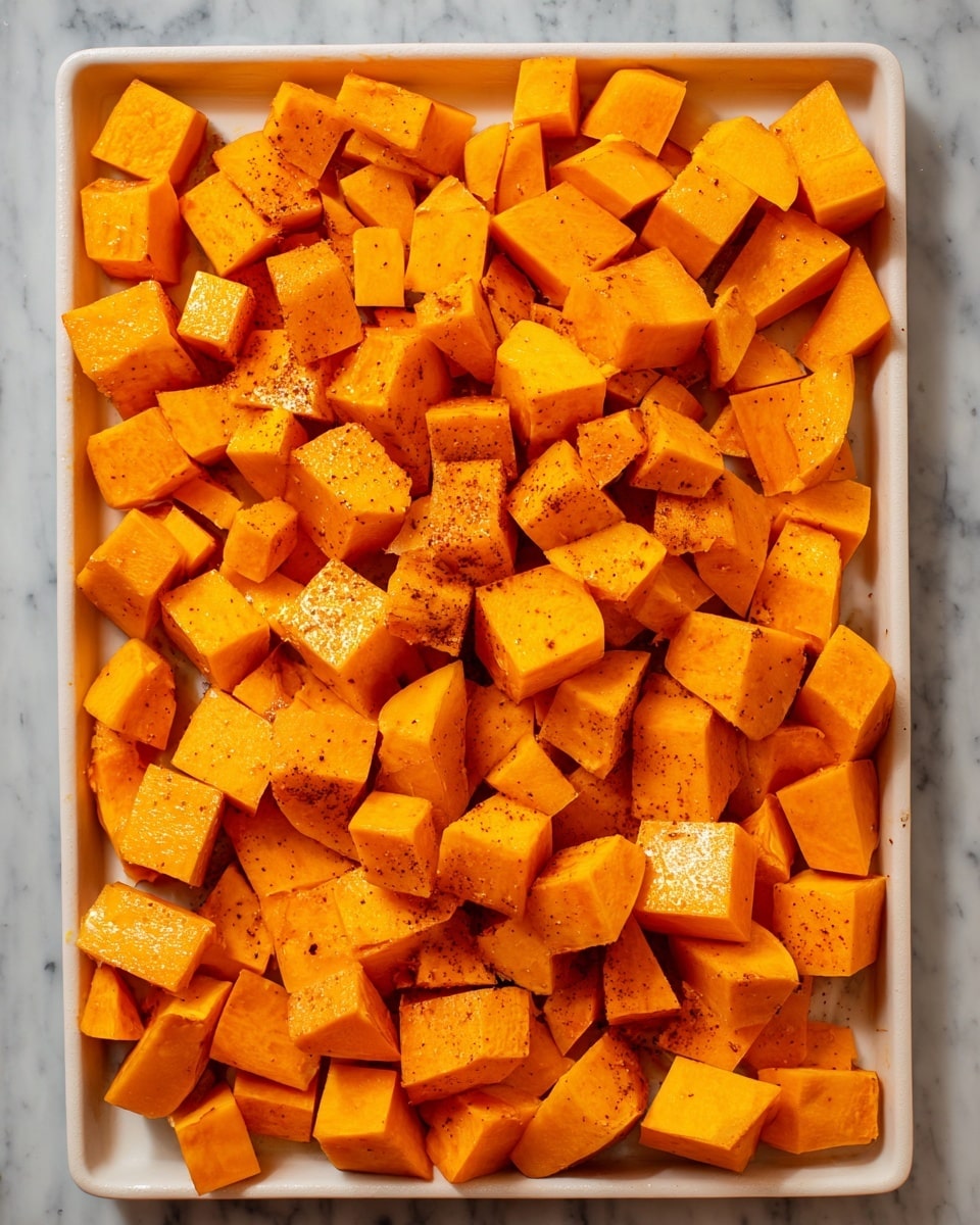 A white tray filled with many pieces of cut orange squash spread out evenly, each piece having a smooth texture and bright shiny surface. Some pieces have a light sprinkle of dark brown spices on top, adding contrast. The tray sits on a white marbled surface that adds a clean and fresh look to the image. The squash pieces vary slightly in size and shape but are mostly small cubes and wedges. photo taken with an iphone --ar 4:5 --v 7