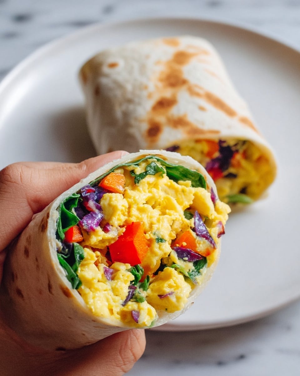 A close-up shows a soft, lightly toasted white wrap held by a woman's hand, filled with three main layers: bright yellow scrambled eggs, small pieces of red and orange bell peppers, and bits of green spinach with flecks of purple cabbage. Behind it, on a white plate on a white marbled surface, is the other half of the wrap, showing the colorful filling clearly. The whole scene is bright and fresh. photo taken with an iphone --ar 4:5 --v 7