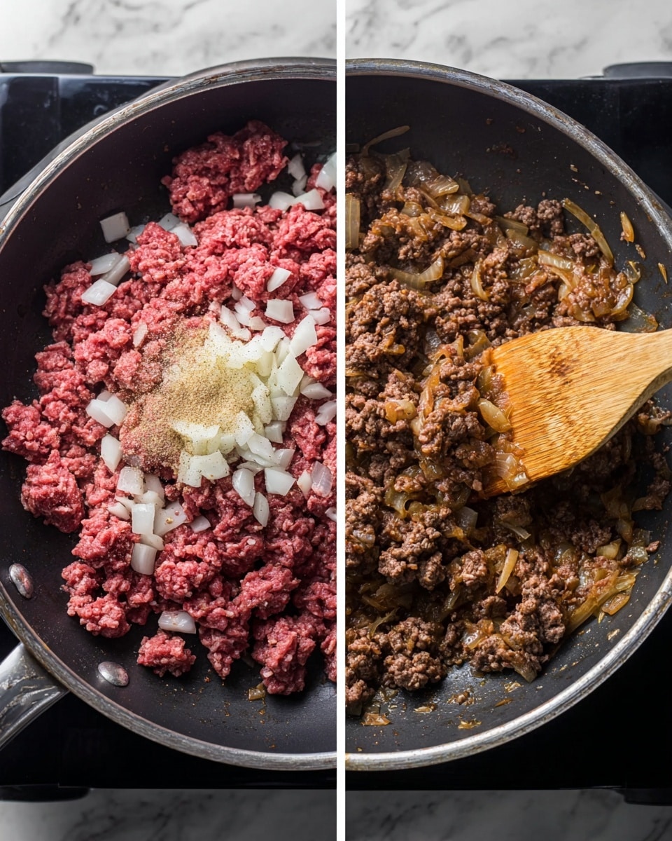 The image shows two side-by-side views of a cooking pan placed on a black stove. On the left side, the pan holds raw ground meat that is deep pink in color, mixed with chopped white onion pieces and a small amount of light brown seasoning on top. On the right side, the pan contains cooked ground meat that has turned brown, mixed well with the softened, translucent onion pieces, and a wooden spatula resting inside the pan. The background is a white marbled surface. Photo taken with an iphone --ar 4:5 --v 7