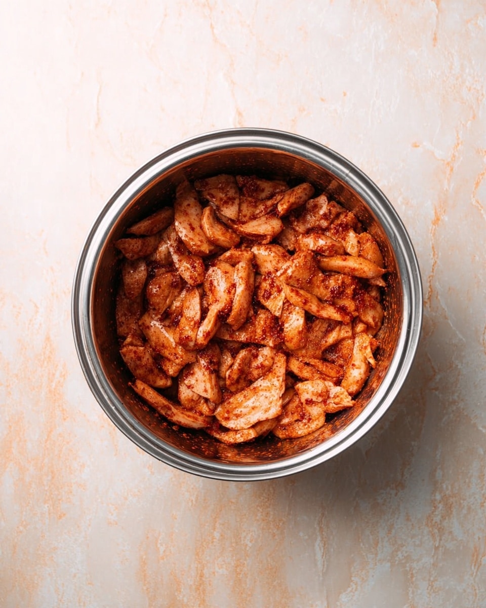 A round silver metal bowl filled with thin pieces of raw chicken coated in a reddish-brown spice mix, creating a textured layer of marinated meat inside the bowl. The chicken looks moist and the spices add speckles of deeper red and hints of oil shine on top. The bowl is placed on a white marbled surface with soft natural light illuminating the scene from above. The photo is taken with an iphone --ar 4:5 --v 7