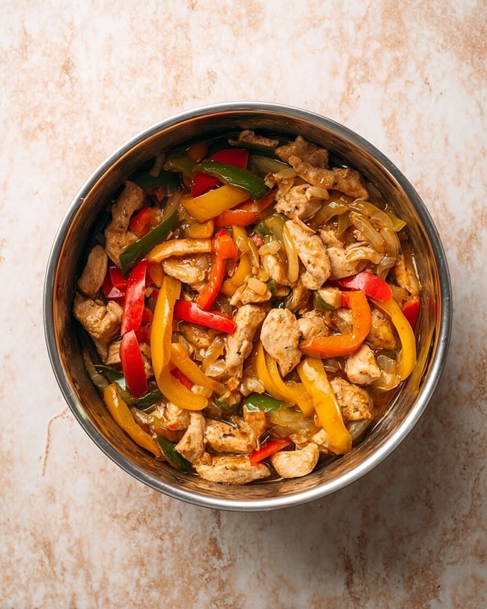 A close top view of a metal pot filled with cooked sliced chicken and mixed bell peppers in yellow, red, and green colors along with translucent onion pieces, all mixed in a light brown sauce. The different ingredients create a textured and colorful mix inside the pot. The pot is set on a white marbled surface. photo taken with an iphone --ar 4:5 --v 7